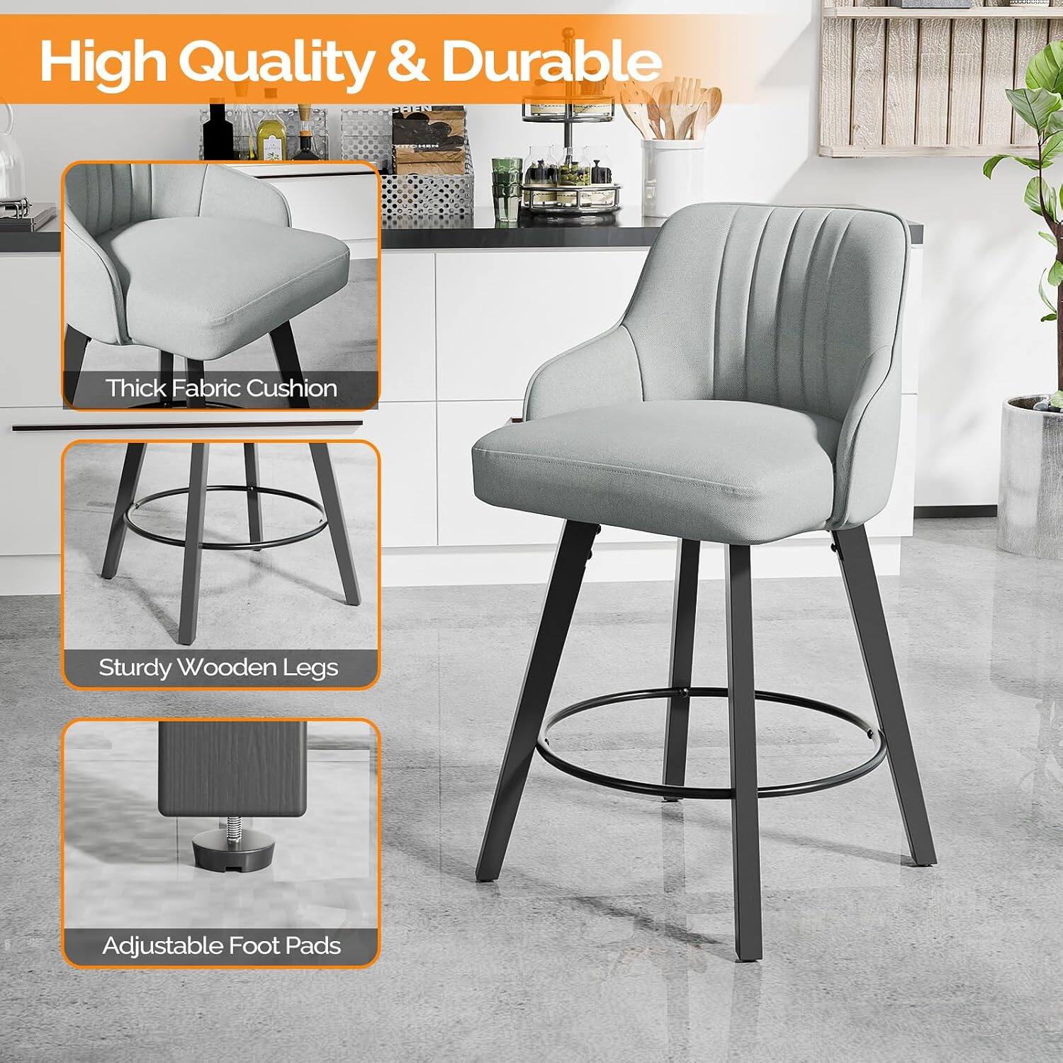 High Quality & Durable  
Thick Fabric Cushion  
Sturdy Wooden Legs  
Adjustable Foot Pads