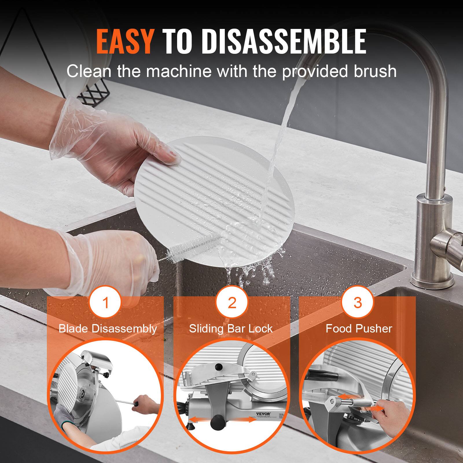 EASY TO DISASSEMBLE  
Clean the machine with the provided brush  

1. Blade Disassembly  
2. Sliding Bar Lock  
3. Food Pusher