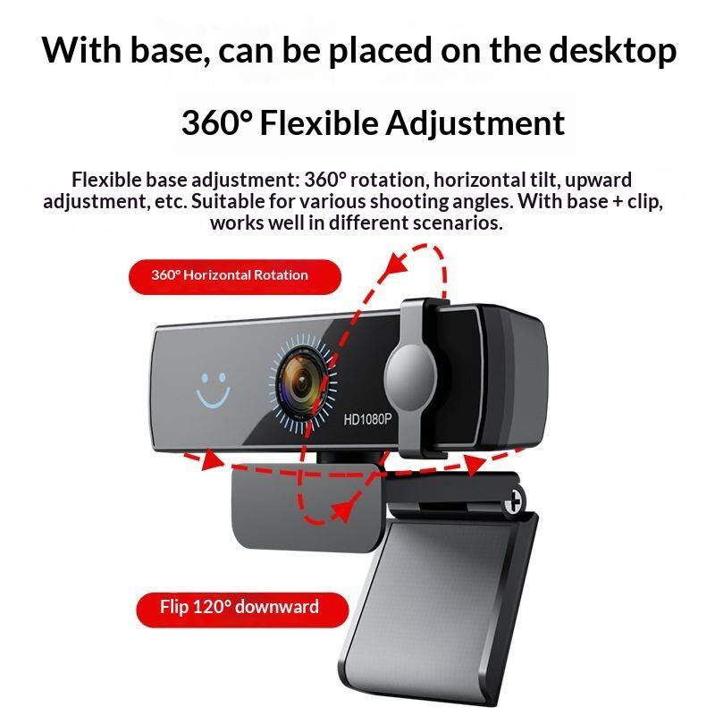 With base, can be placed on the desktop

360° Flexible Adjustment

Flexible base adjustment: 360° rotation, horizontal tilt, upward adjustment, etc. Suitable for various shooting angles. With base + clip, works well in different scenarios.

- 360° Horizontal Rotation
- Flip 120° downward

HD1080P