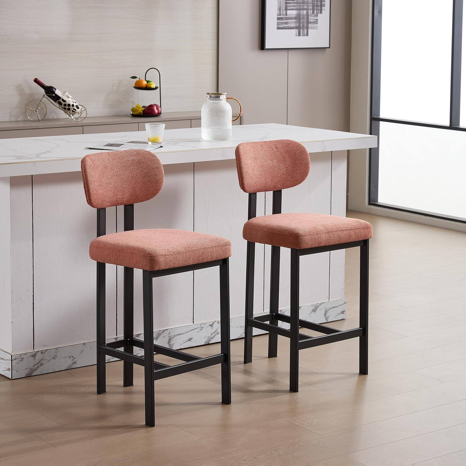 Alt View 6. Trinkets Crazed - Set of 2 Modern Upholstered Fabric Counter Height Bar Stools, 26 Inch Kitchen Island Chairs - orange.