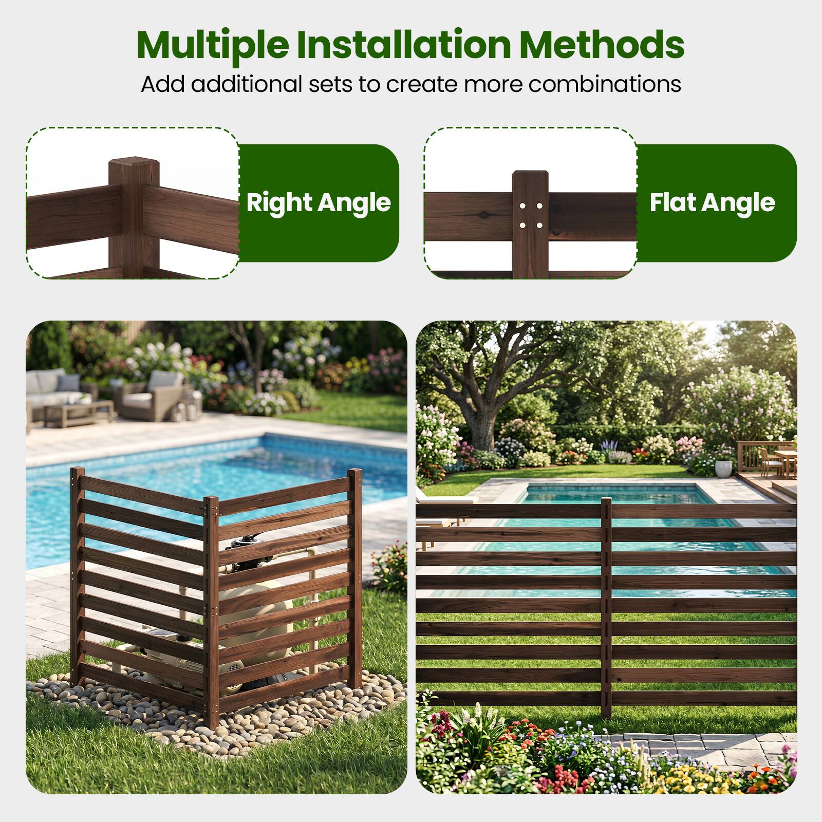 Multiple Installation Methods  
Add additional sets to create more combinations  

Right Angle  
Flat Angle