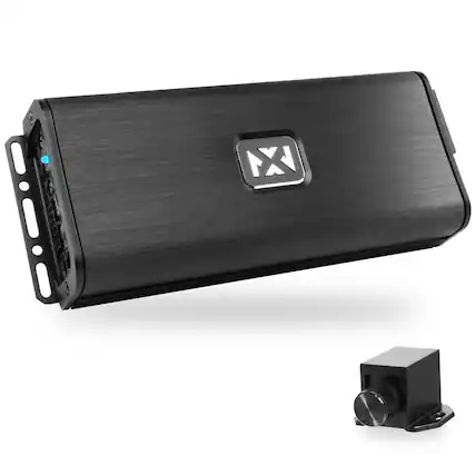 Front. NVX - VADM5 v2 Compact 5-Channel 750W RMS V-Series Micro Full-Range Class D Car/Marine/Powersports Amp with Remote Bass Knob.