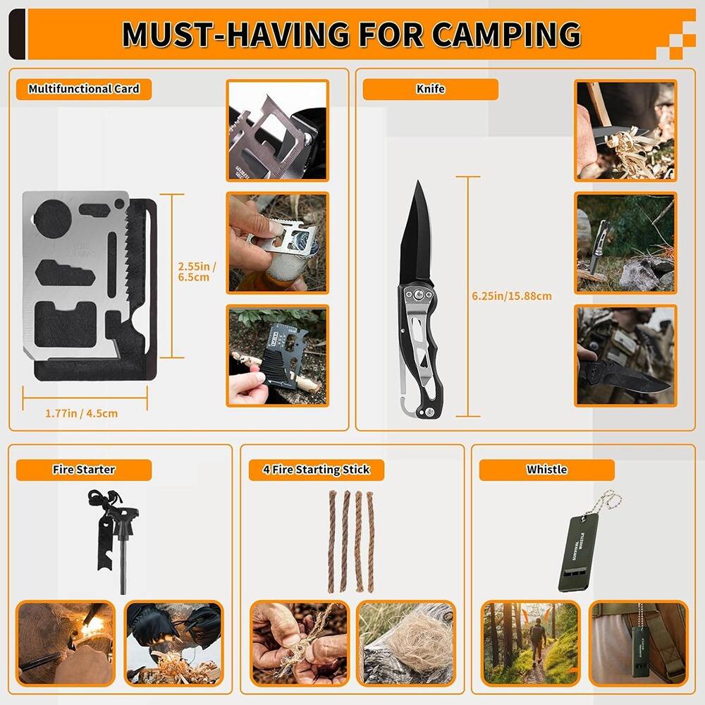 MUST-HAVING FOR CAMPING

Multifunctional Card
- 2.55in / 6.5cm
- 1.77in / 4.5cm

Knife
- 6.25in / 15.88cm

Fire Starter

4 Fire Starting Stick

Whistle