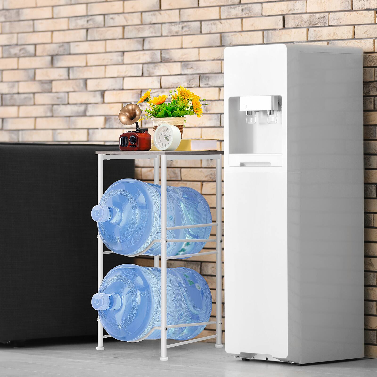 Alt View 1. Oumilen - 2-Tier Water Jug Rack with Detachable Top Shelf, White Metal Frame & Grey Oak Board - White.