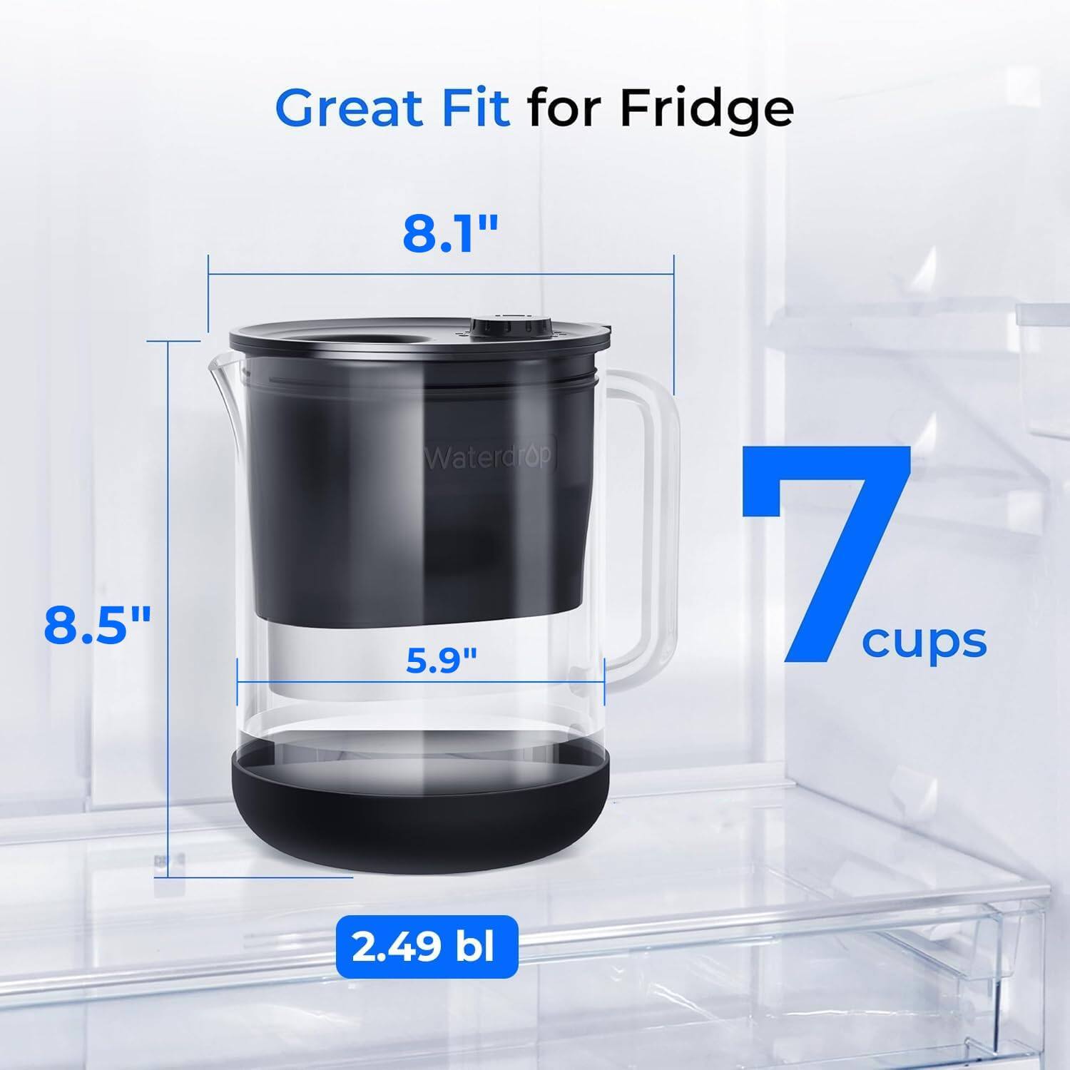 Great Fit for Fridge  
8.1"  
8.5"  
5.9"  
7 cups  
2.49 bl