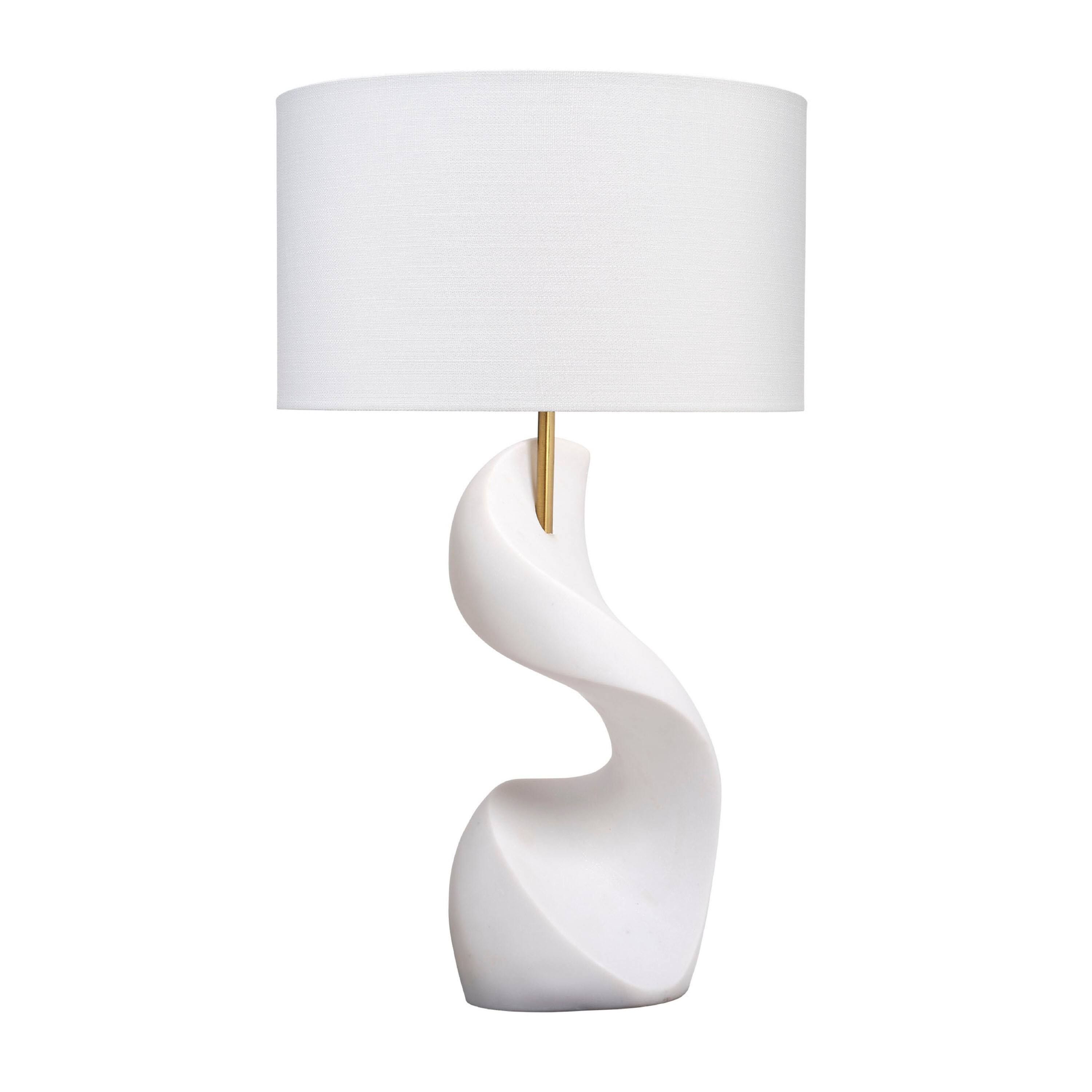Angle. Manhattan Lane - Koz Accent Table Lamp, Linen Shade, Curved Sculpture 32 Inch - White, Brass Finish.