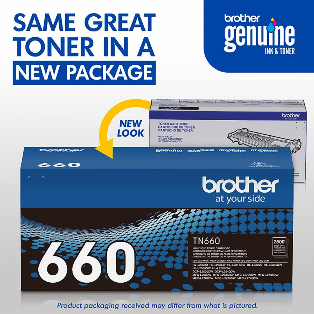 SAME GREAT TONER IN A NEW PACKAGE brother genuine INK & TONER ... Drocher P...O NEW TONER CARTOUCHE CARTRIDGE DE TONER CARTUCHO DE TONER LOOK c TELD A HAUT RENGEMENT ALTO RENUMMENTO Romumo brother /iY origOats 660 brother at your side TN660 2600 FEI VICLO TONCE CARTTIOGE CARTOUCH E. TONER A TAUT RENDIMENT CARTUCIO DE TONER  ALTO RCNDIMIENTO CARTUEN - notrn i. ALTO AFIMIO othin\_tutncb WTE  FOUS AUEO uSO -M 660 HL-L2300D DOP-L25200W MFC-L270TDW MFC WOACEJ-JM LO6B0W HL-L2O0EW ML-12380CN MFC DCP-L2540OW MFC-L27200W L2ESSOW L-L2S1SOW MFC-L27000W MFC-L2NCOW HL-L23200 MFO-L23400W Product packaging received may differ from what is pictured.