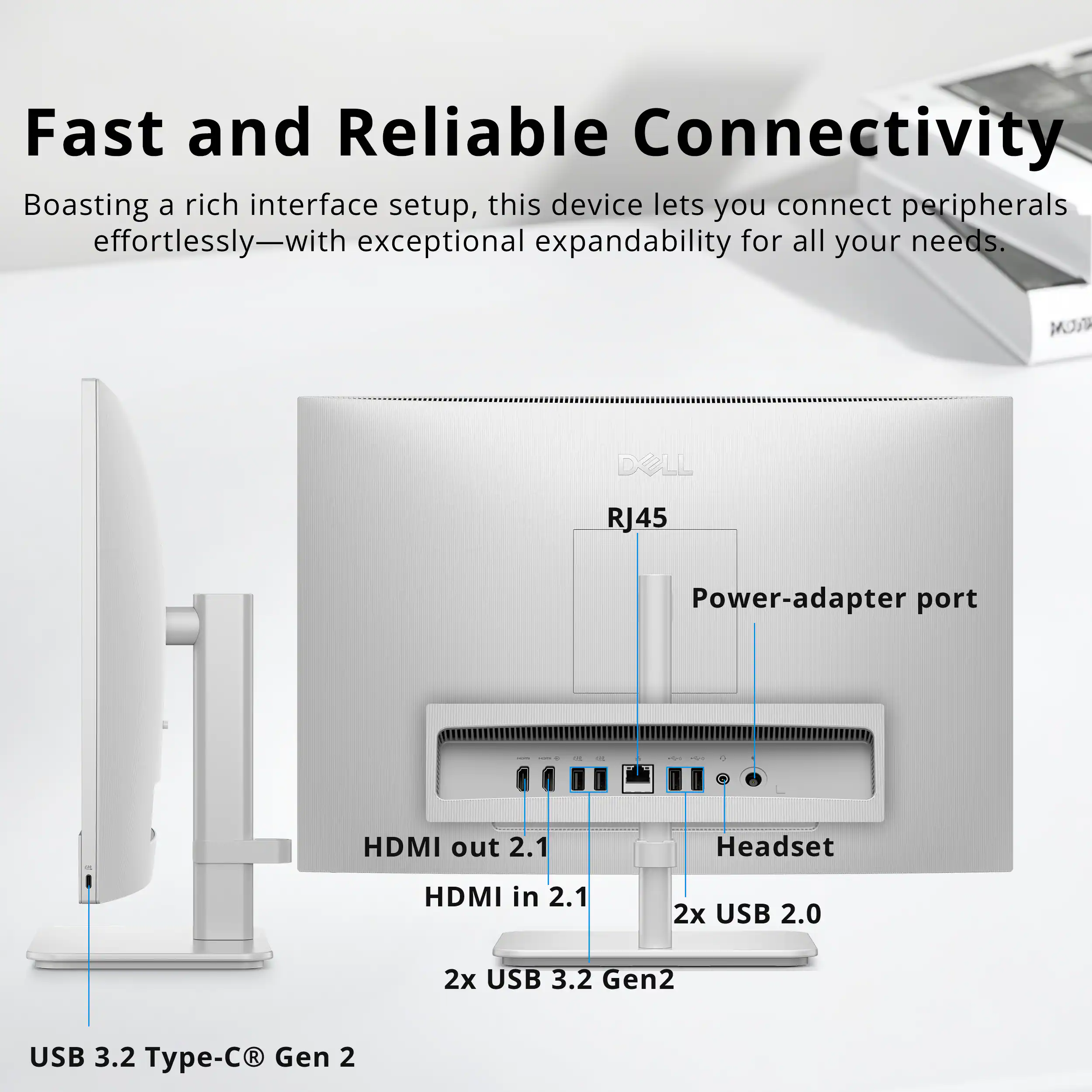 Fast and Reliable Connectivity  
Boasting a rich interface setup, this device lets you connect peripherals effortlessly—with exceptional expandability for all your needs.  

- RJ45  
- Power-adapter port  
- HDMI out 2.1  
- HDMI in 2.1  
- 2x USB 2.0  
- 2x USB 3.2 Gen2  
- USB 3.2 Type-C® Gen 2