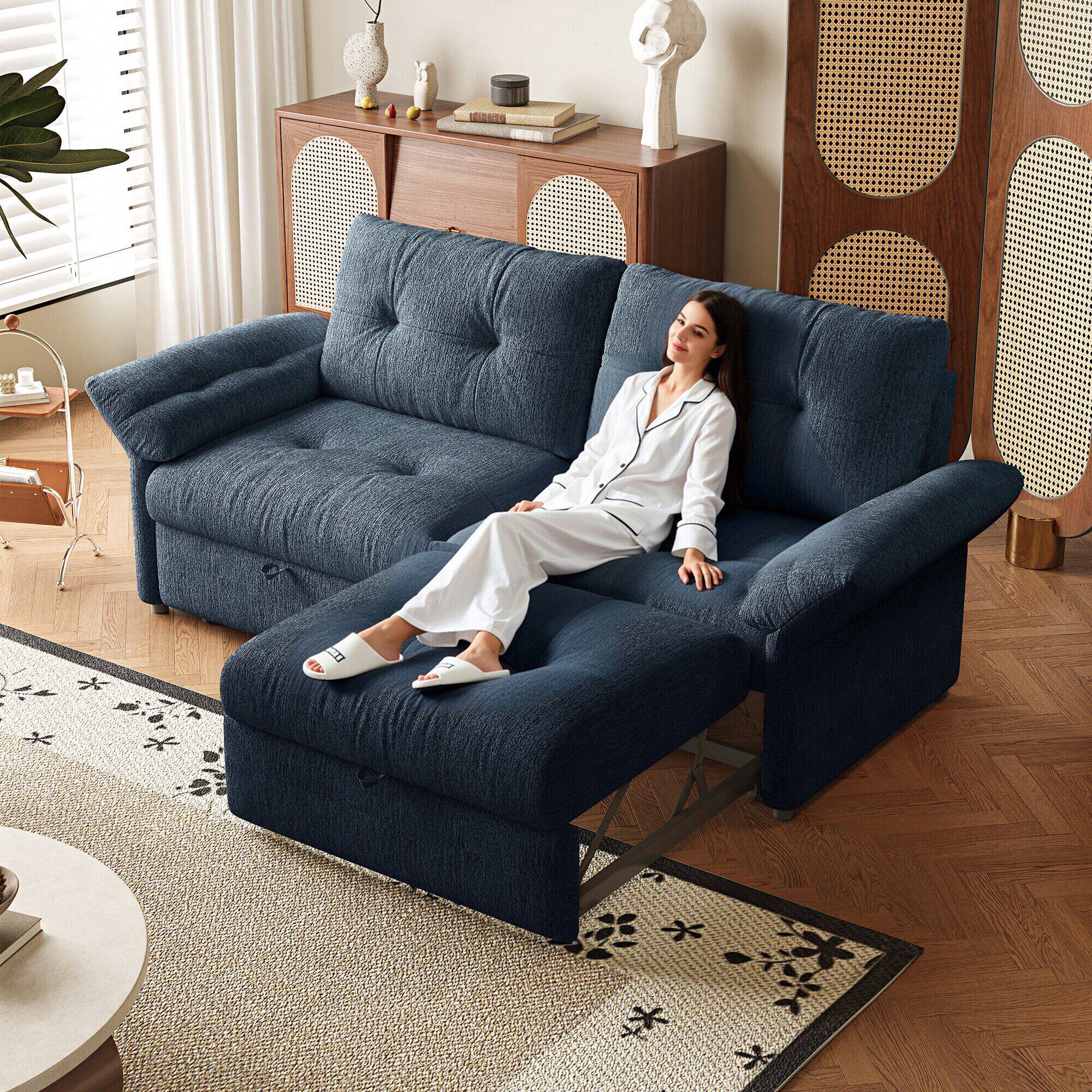 Angle. LUCKY ONE - 81.5" 2-in-1 Convertible Sleeper Sofa Bed, Multifunctional Plush Couch with Pull Out Bed - Blue.