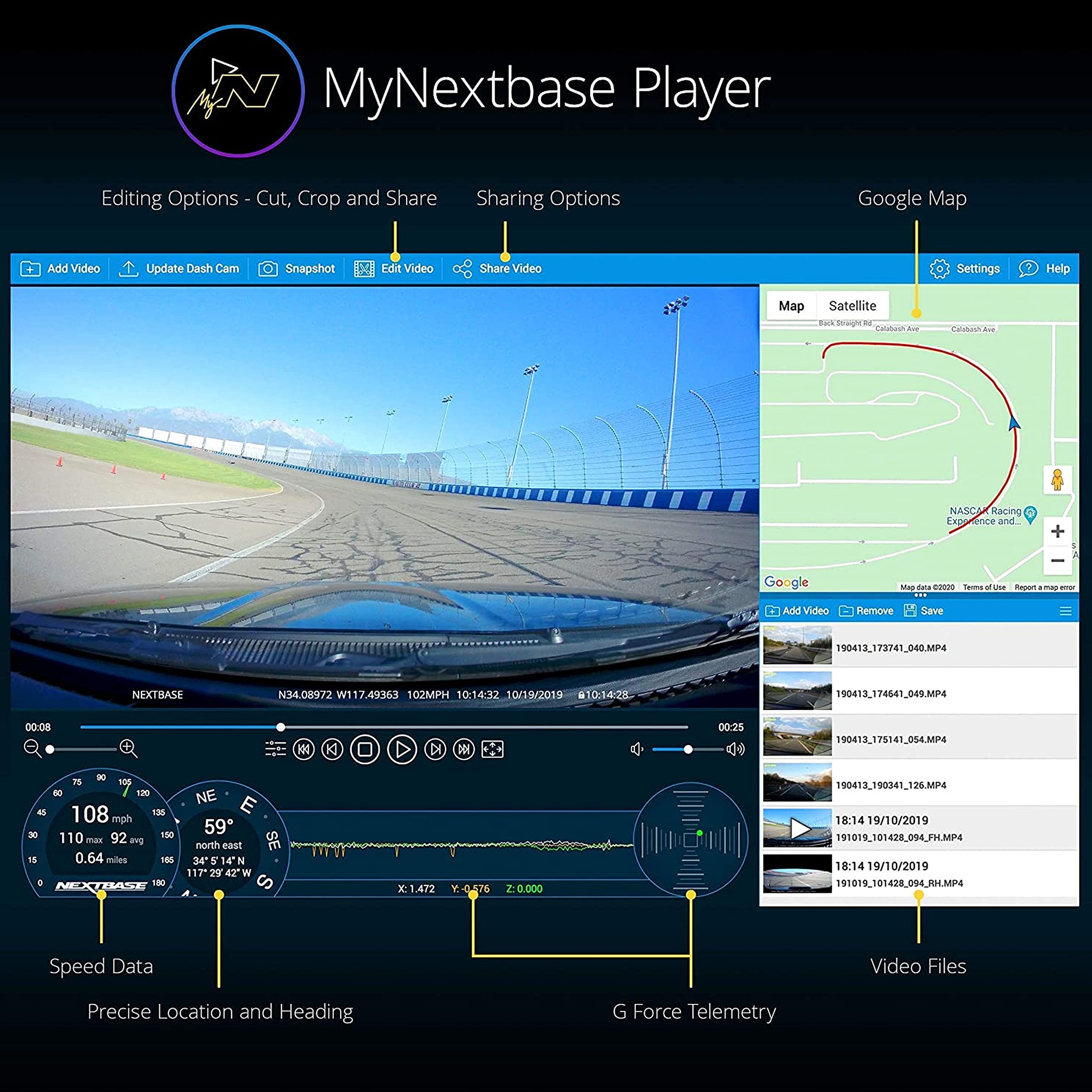 MyNextbase Player

Editing Options - Cut, Crop and Share
- Add Video
- Update Dash Cam
- Snapshot
- Edit Video
- Share Video

Sharing Options
- Google Map
- Settings
- Help

Google Map
- Map
- Satellite

Video Files
- 190413_173741_040.MP4
- 190413_174641_049.MP4
- 190413_175141_054.MP4
- 190413_190341_126.MP4
- 191019_101428_094_FH.MP4
- 191019_101428_094_RH.MP4

Speed Data
- 108 mph
- 110 max mph
- 92 avg mph
- 0.64 miles

Precise Location and Heading
- N34.08972 W117.4