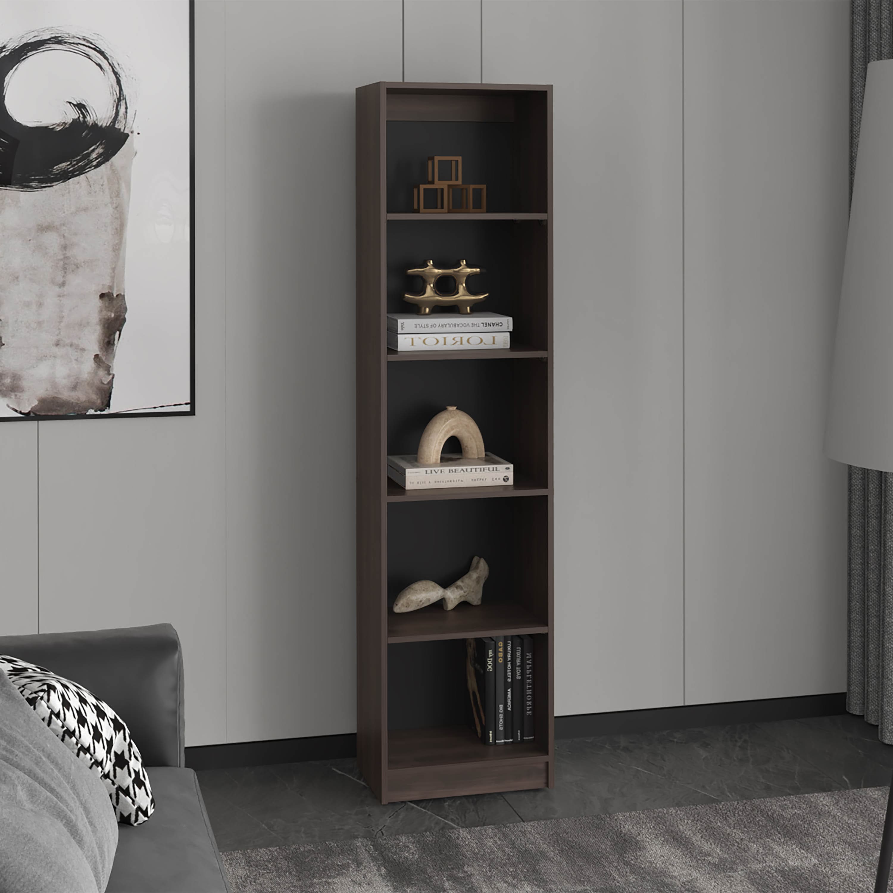 TinyHomie - XS Bookcase Compact Bookshelf with Multiple Shelves Dark Walnut Black Wengue - Brown and Black