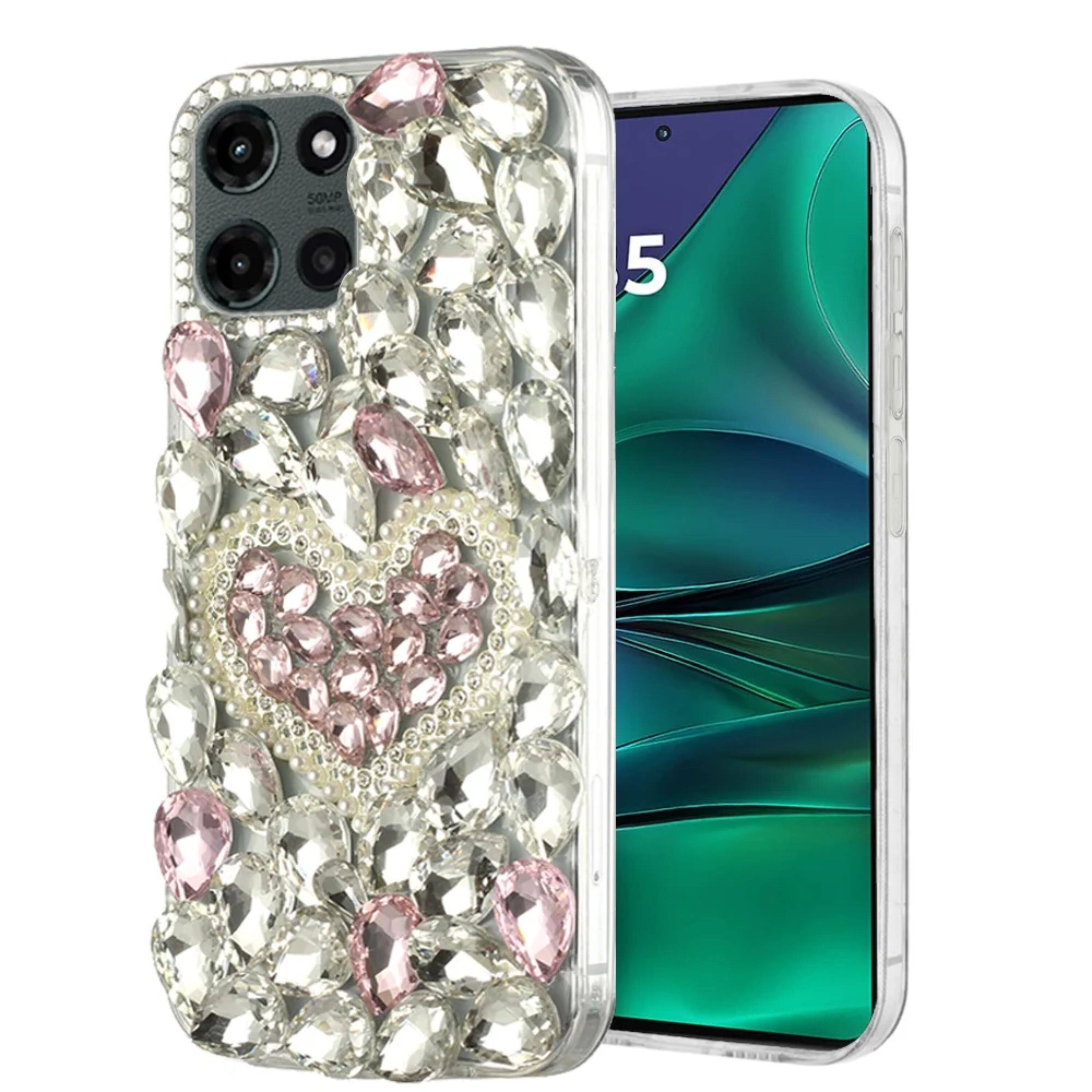 Angle. Kitcheniva - Full Diamond Bling With 3D Jewel Case Plus Tempered Glass For Moto G Stylus 2026/2025 Hearty Pink - Multicolor.