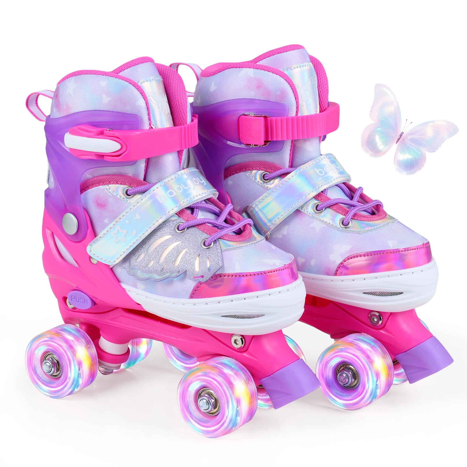 Costway - Kids Roller Skates 4 Sizes Adjustable Quad Skates with Light-up Wheels for Ages 7-9 - Pink