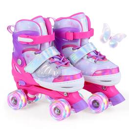 Costway - Kids Roller Skates 4 Sizes Adjustable Quad Skates with Light-up Wheels for Ages 7-9 - Pink