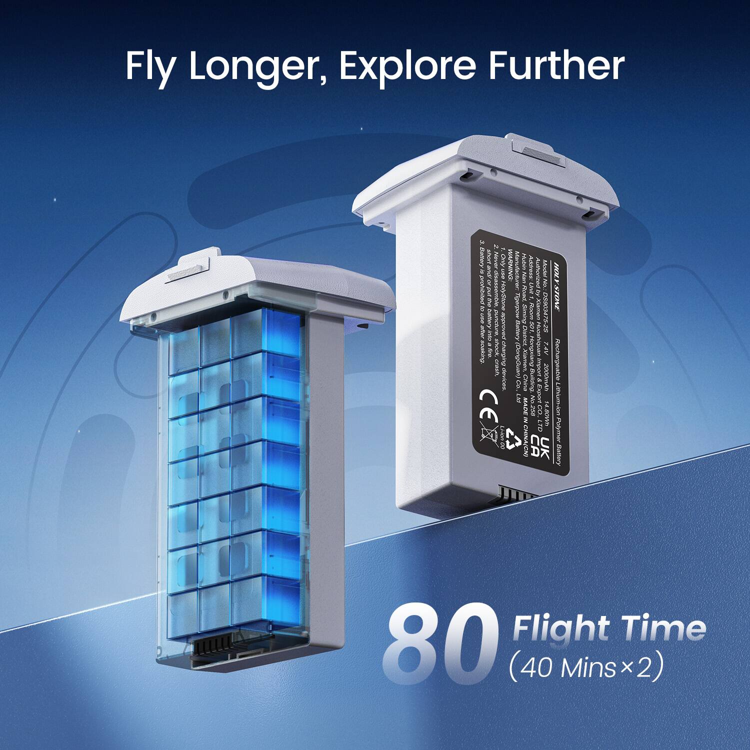 Fly Longer, Explore Further

Battery News: Never Only ands use prohibited of put sassemble HolySione & UNA battery ouncture. approved after 1020 soaking. fire. shock charging wash. devices CE Livion

WARNING

Manufacturer: Hubin Nan Address: Authorie Model HOL Unii ~ Road, by rpow Siming Room Xiamen 05903475-29 Battery Distriel, RDT. (DongGuan Xiamen Hongxiang Huoshiquan ZAV Rechargeable Co. China Building. import & 2000mAh LNT MADE 250 Export Lithium-ion IN CO., ROWN LTD

Flight Time 80 (40 Mins x 2)
