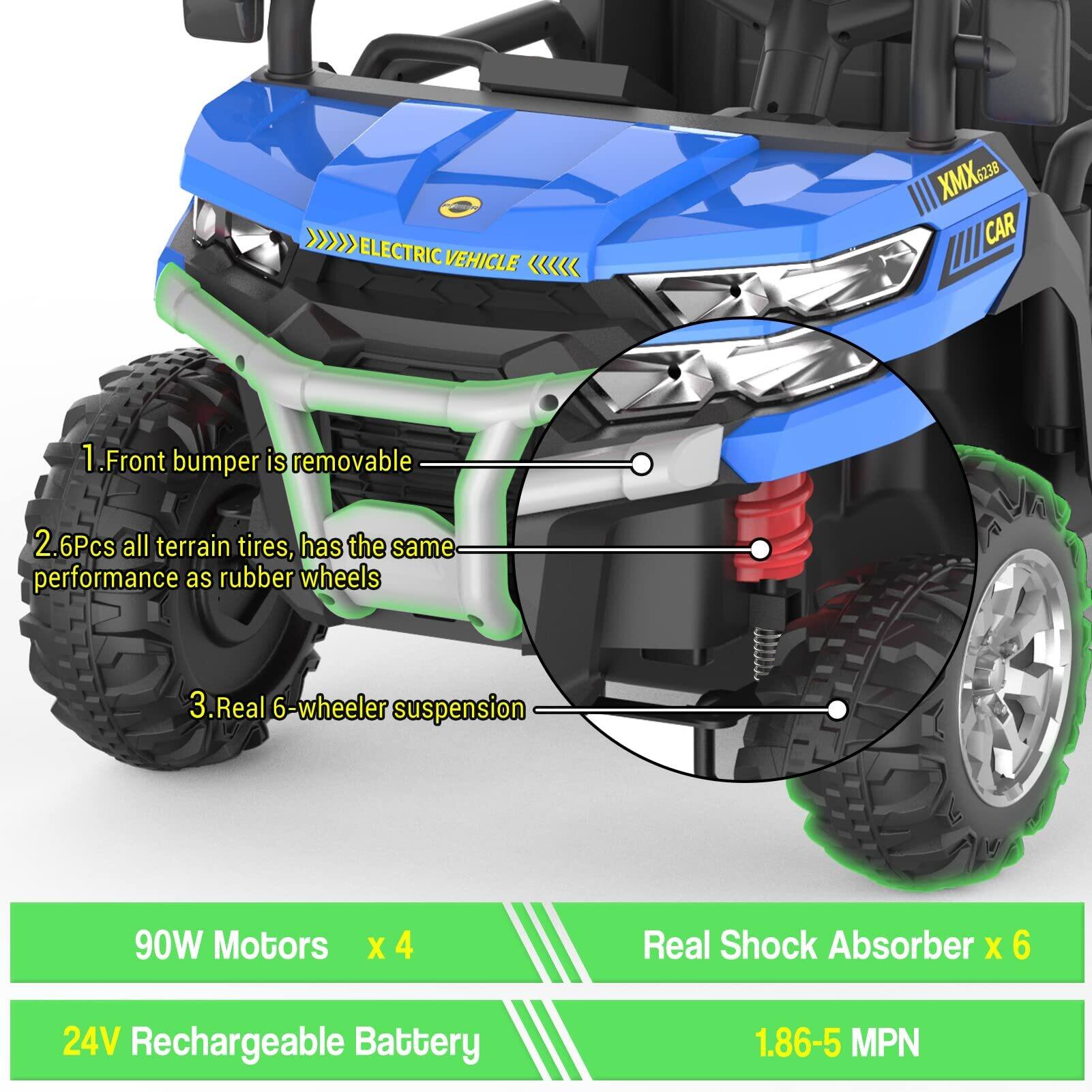 1. Front bumper is removable  
2. 2.6Pcs all terrain tires, has the same performance as rubber wheels  
3. Real 6-wheeler suspension  

90W Motors x 4  
Real Shock Absorber x 6  
24V Rechargeable Battery  
1.86-5 MPN