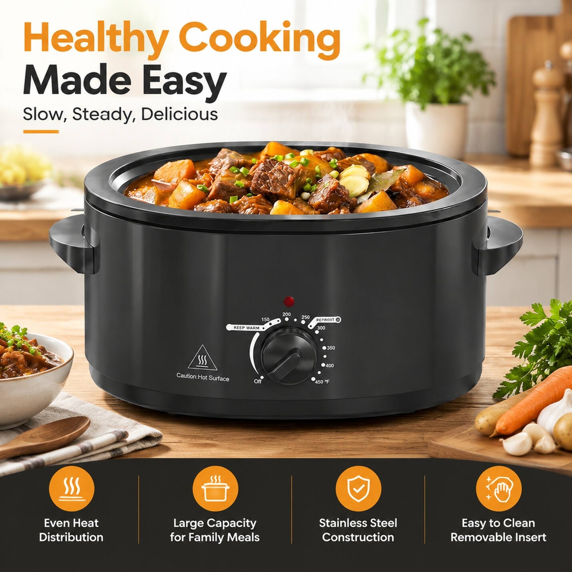 Healthy Cooking Made Easy  
Slow, Steady, Delicious  

150 KEEP WARM  
200  
250  
300  
350  
400  
450°F  

Caution: Hot Surface  
Off  

Even Heat Distribution  
Large Capacity for Family Meals  
Stainless Steel Construction  
Easy to Clean Removable Insert