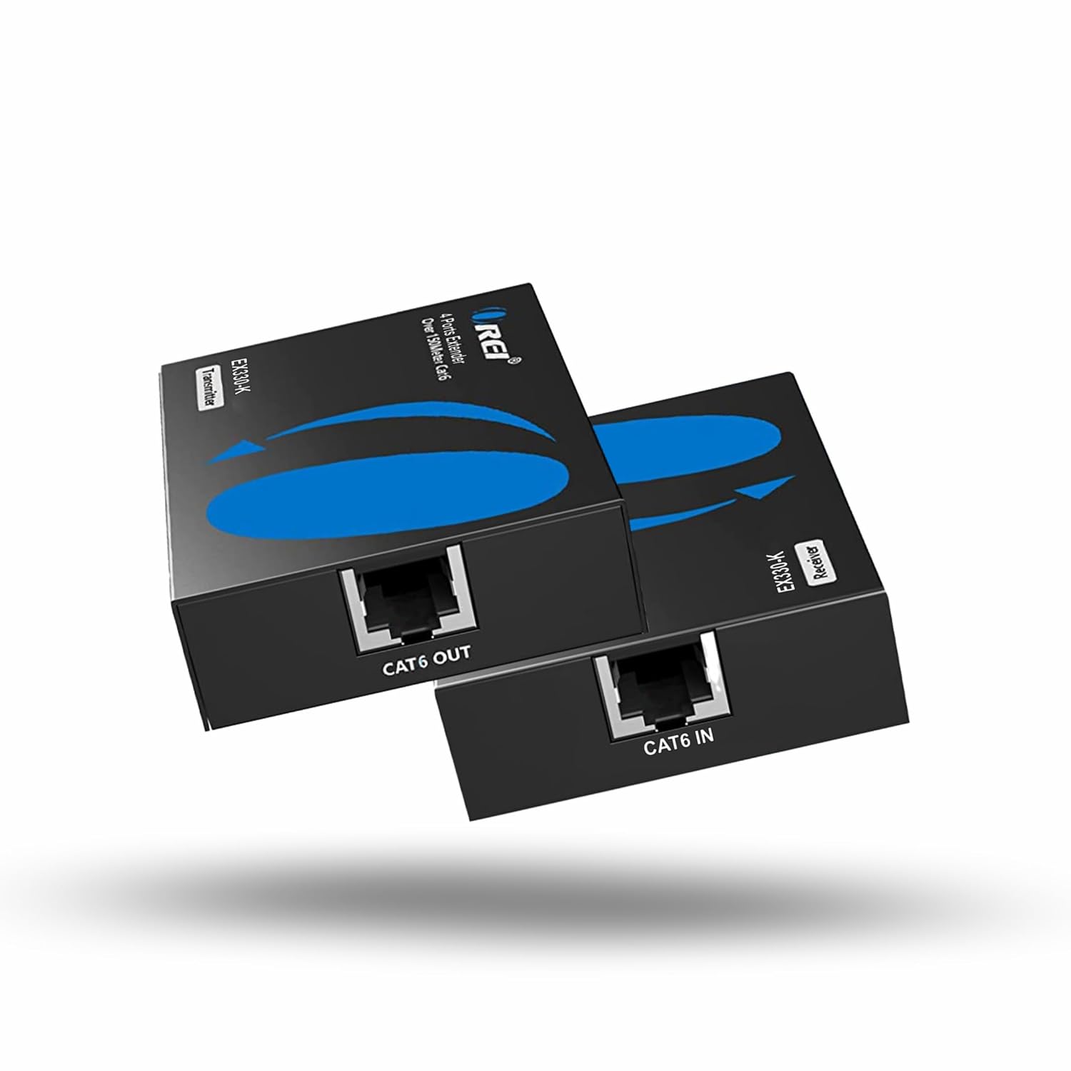 The text appears to be a description of a network device. Here is the corrected and grouped version:

- **Device Name:** Tanemite EX330-K
- **Features:** Over 4 Ports, PR, Oes, Exdtaender
- **Specifications:** REI, L OUT, CAT6, CAT6 IN
- **Function:** Receiver

This suggests it is a network receiver with multiple ports and specific connectivity options.