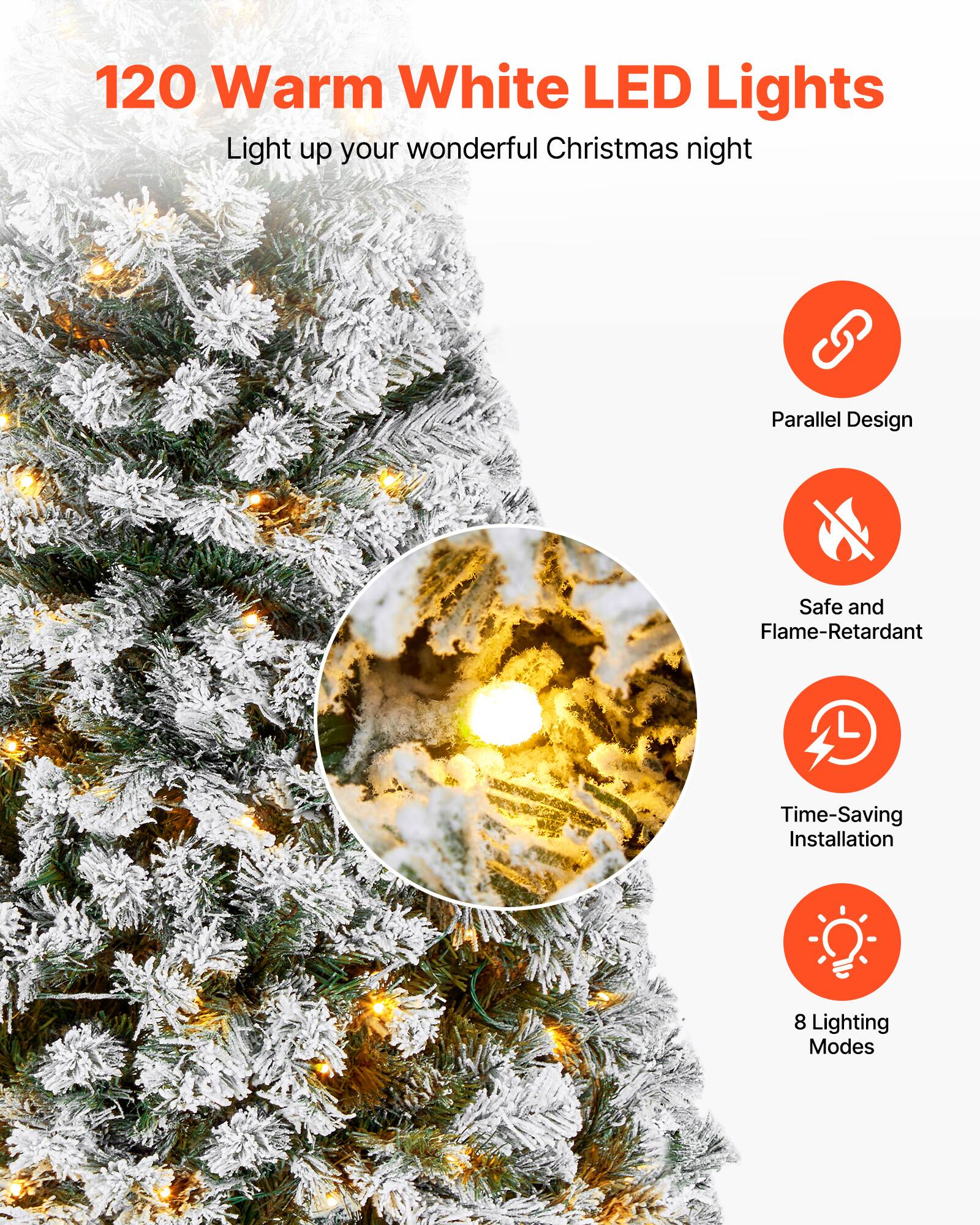 120 Warm White LED Lights  
Light up your wonderful Christmas night  

- Parallel Design  
- Safe and Flame-Retardant  
- Time-Saving Installation  
- 8 Lighting Modes