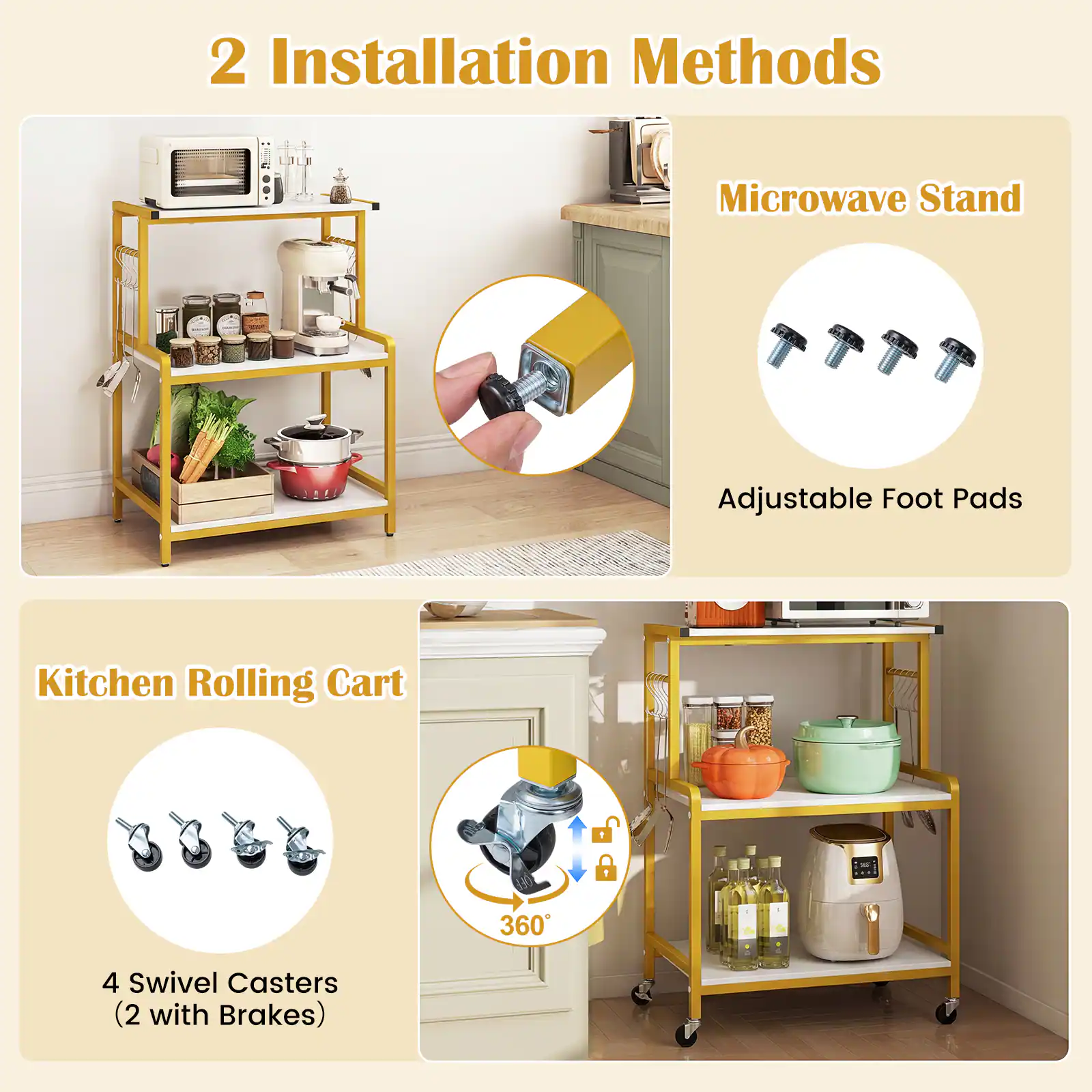 2 Installation Methods Microwave Stand Adjustable Foot Pads Kitchen Rolling Cart + 1 360 4 Swivel Casters (2 with Brakes)