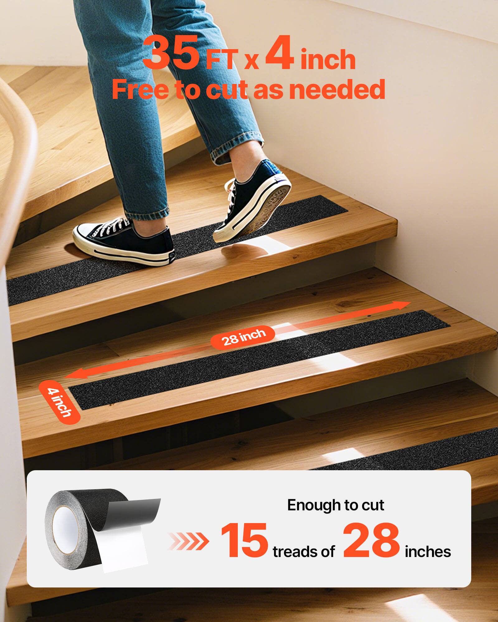 35 FT x 4 inch  
Free to cut as needed  

28 inch  
4 inch  

Enough to cut 15 treads of 28 inches