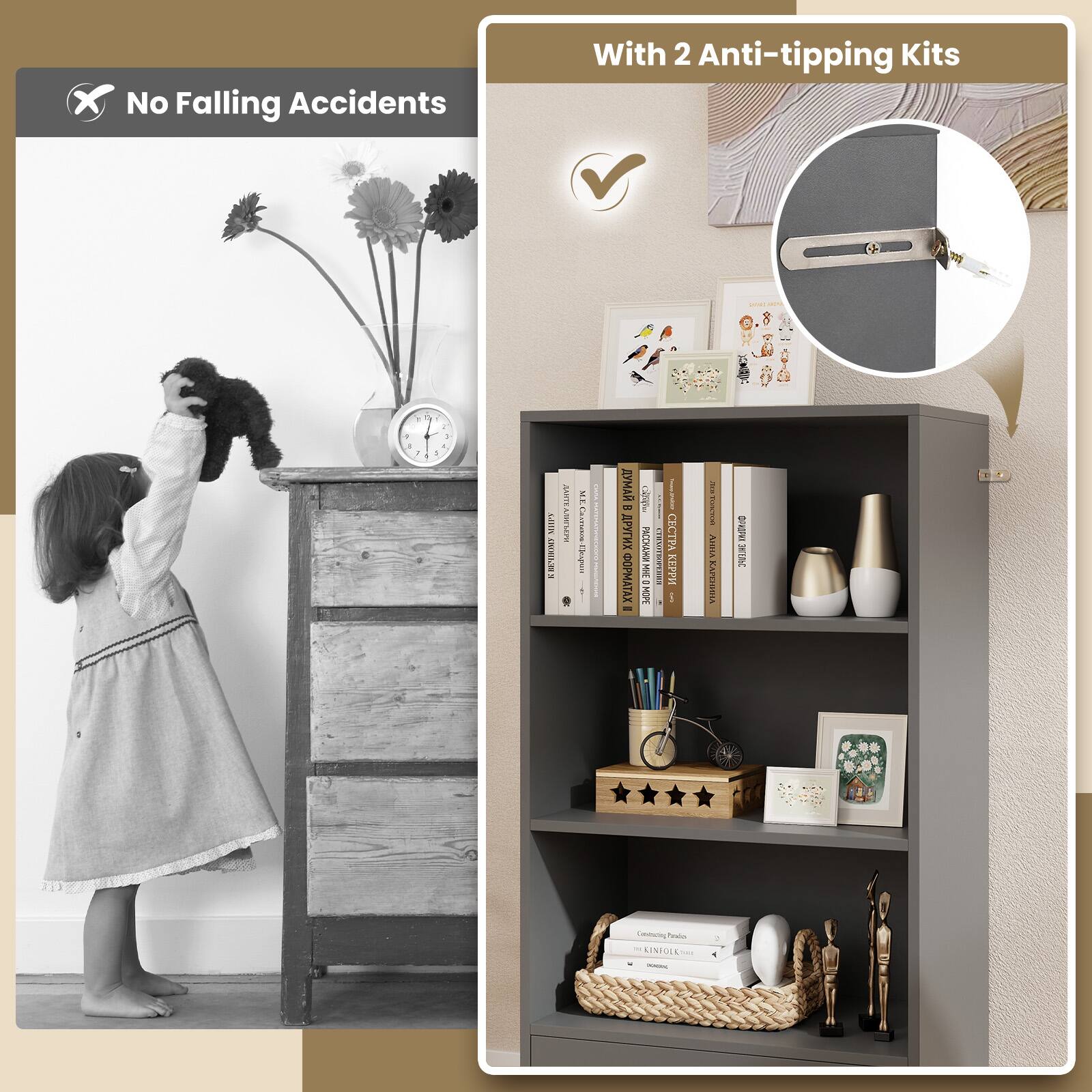 The image features a little girl holding a stuffed animal, with a clock and a bookshelf in the background. The bookshelf is filled with books, and there are two anti-tipping kits on display. The image also includes a picture of a girl holding a stuffed animal, and a picture of a bookshelf with books and anti-tipping kits. The text on the image suggests that the bookshelf is designed to prevent accidents, such as the little girl falling while reaching for the stuffed animal.