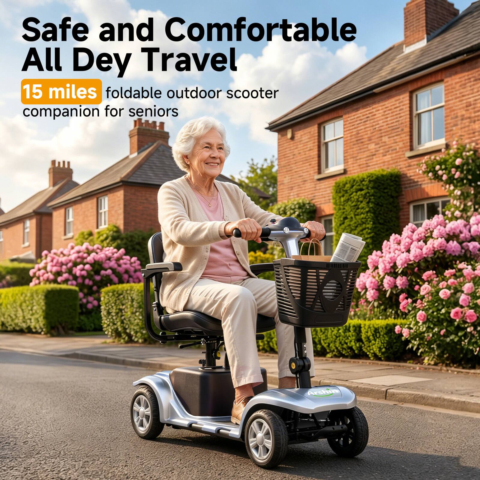 Safe and Comfortable All Day Travel  
15 miles foldable outdoor scooter companion for seniors