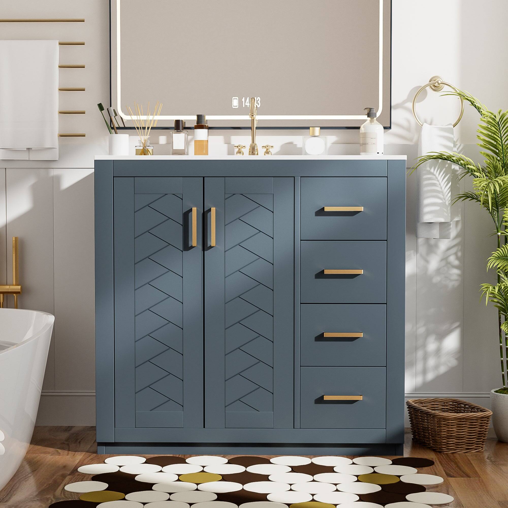 Alt View 4. Boyel Living - 36 Inch Solid Wood Bathroom Vanity with Ceramic Sink and Three Drawers Blue - Blue.
