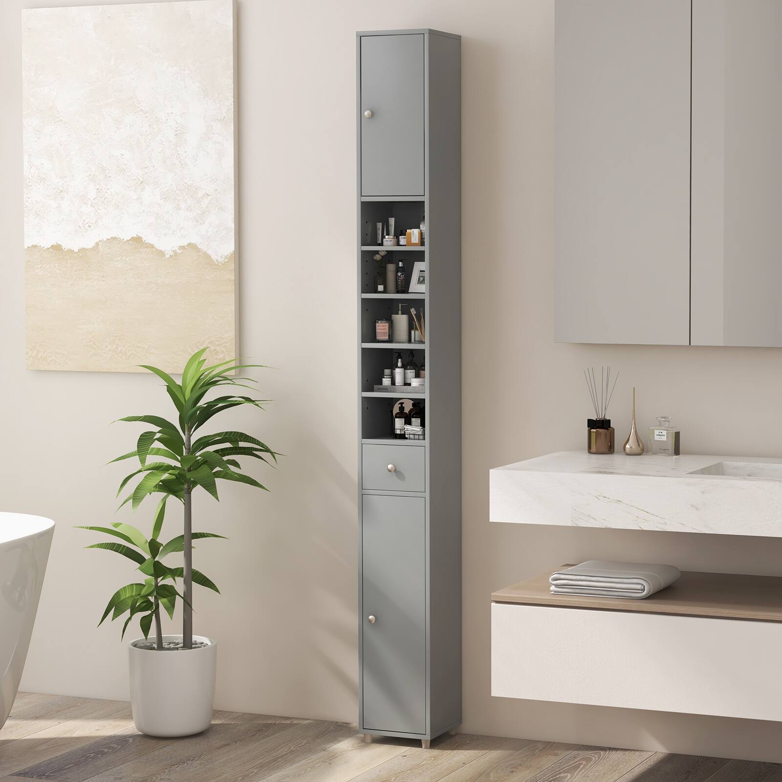 Alt View 1. Ecooso - Freestanding Slim Bathroom Cabinet with Drawer and Adjustable Shelves - Gray.