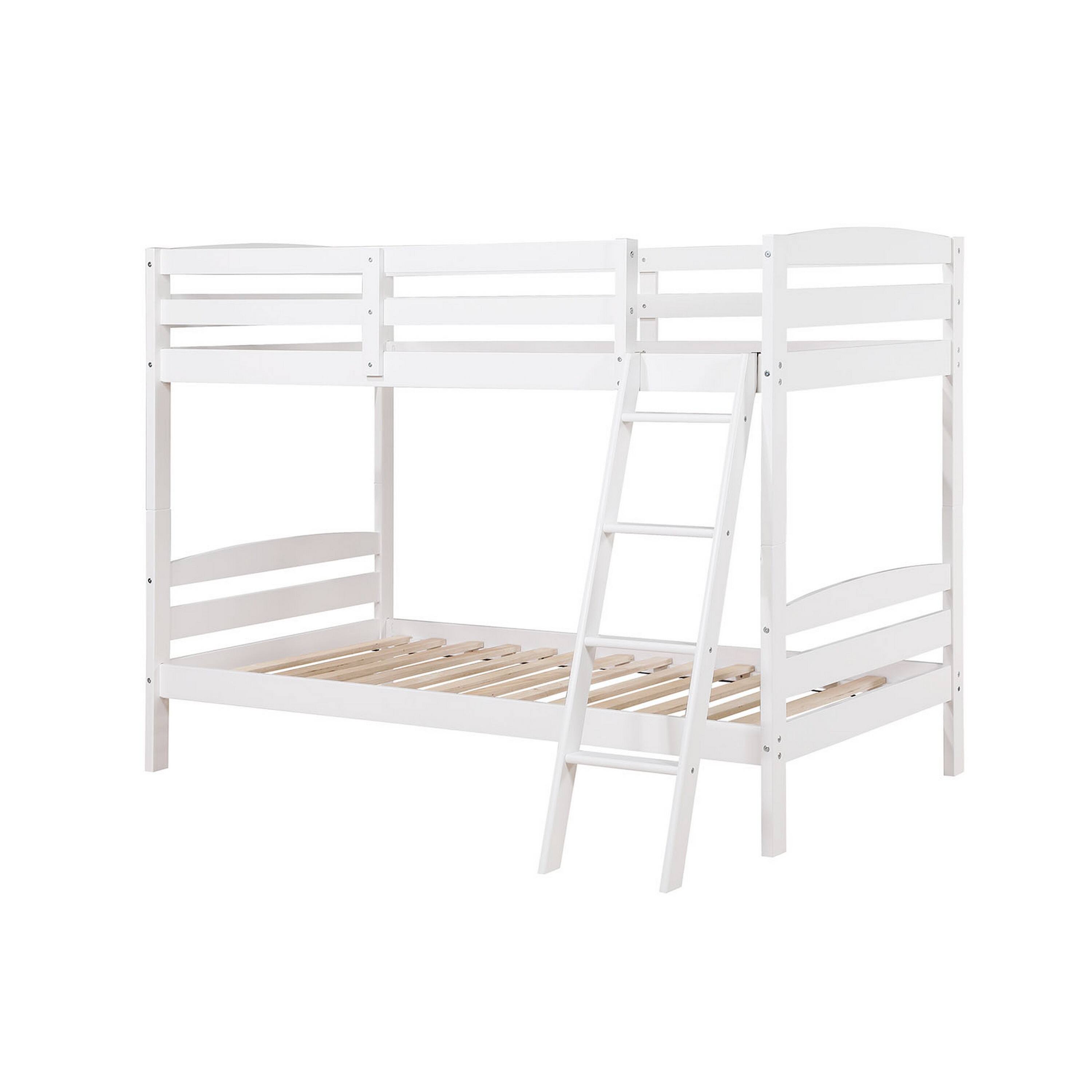 Alt View 1. Manhattan Lane - Hina Twin Bunk Bed, Angled Ladder, Sturdy Slat Design, White Solid Wood - White.
