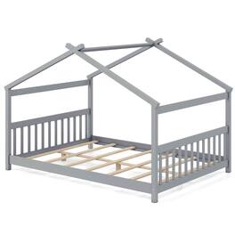 Costway - Full Size House Bed with Roof Wooden Low Floor Bed No Box Spring Needed - Gray
