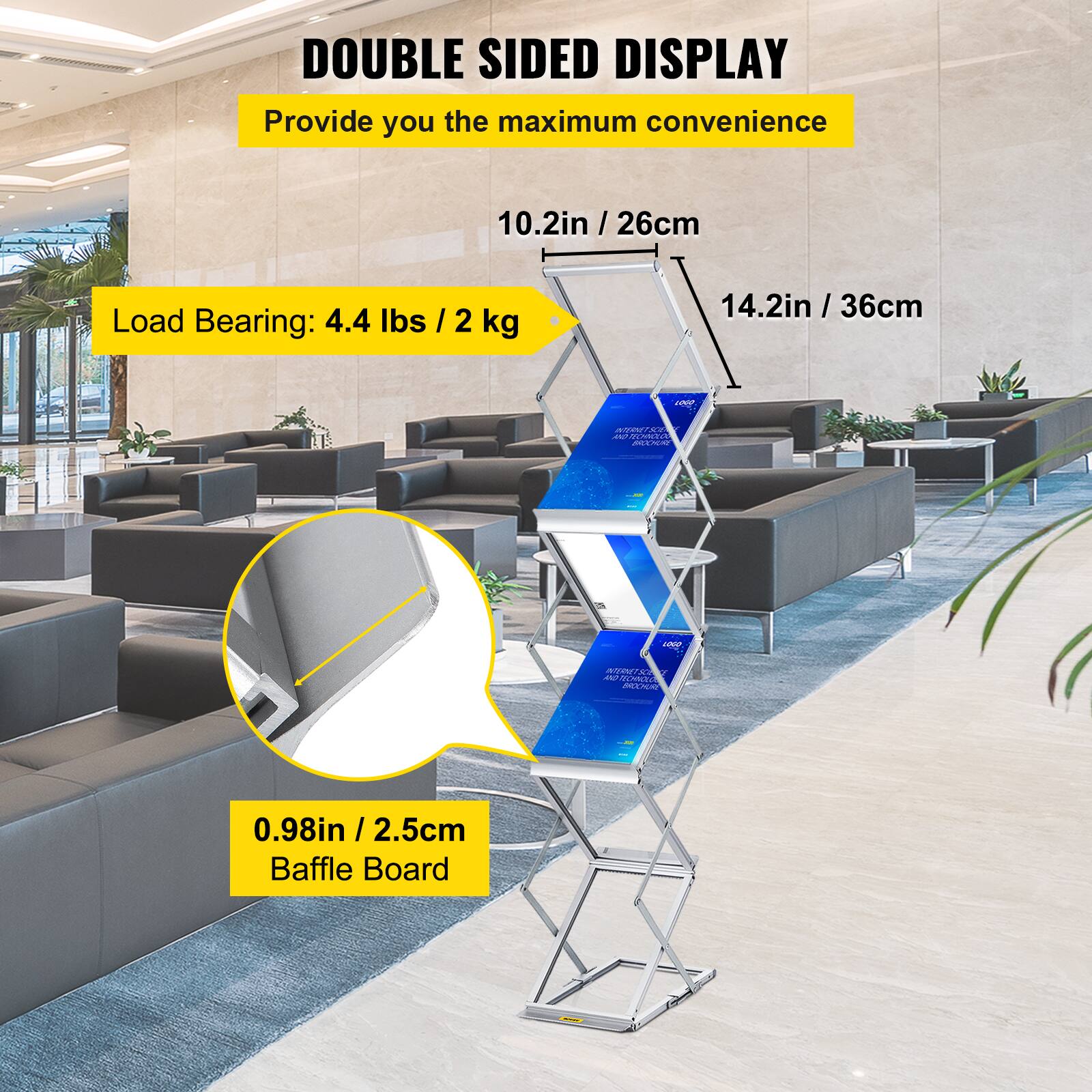 DOUBLE SIDED DISPLAY  
Provide you the maximum convenience  

Load Bearing: 4.4 lbs / 2 kg  

10.2in / 26cm  
14.2in / 36cm  

0.98in / 2.5cm  
Baffle Board