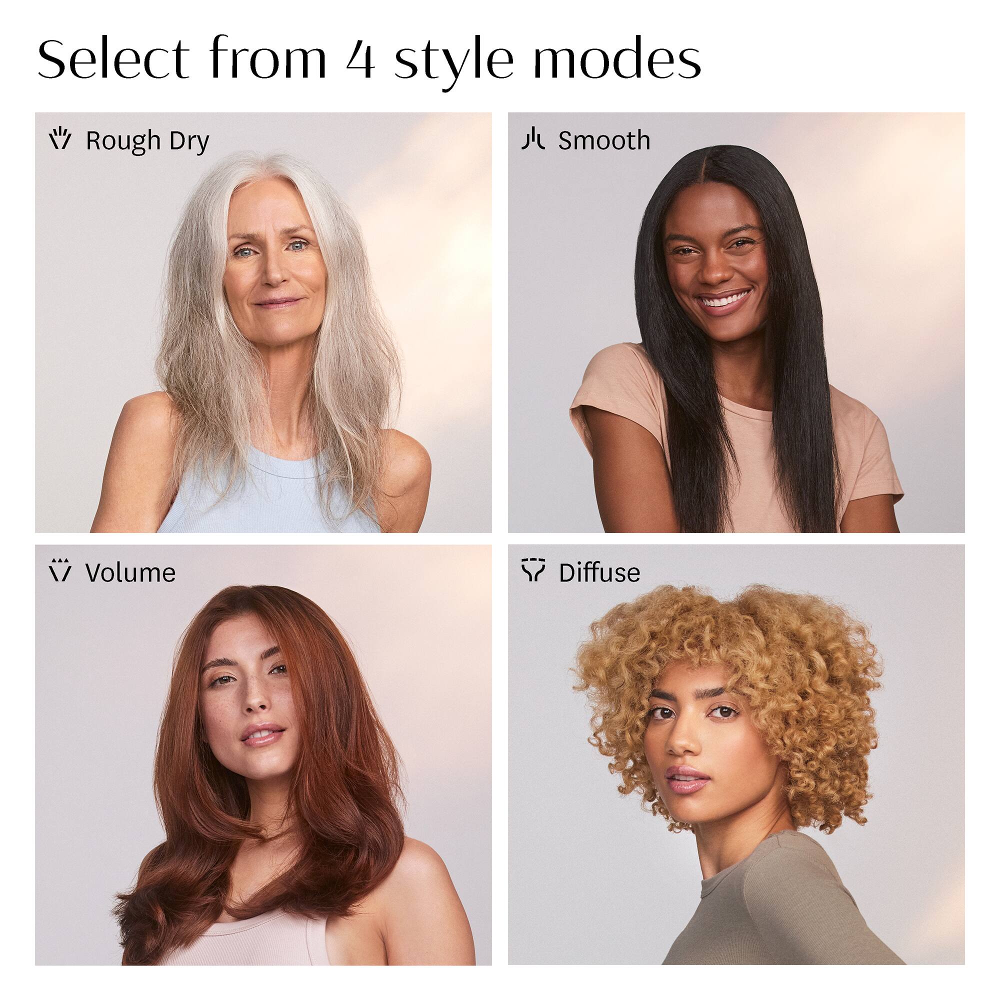 Select from 4 style modes

- Rough Dry
- Smooth
- Volume
- Diffuse