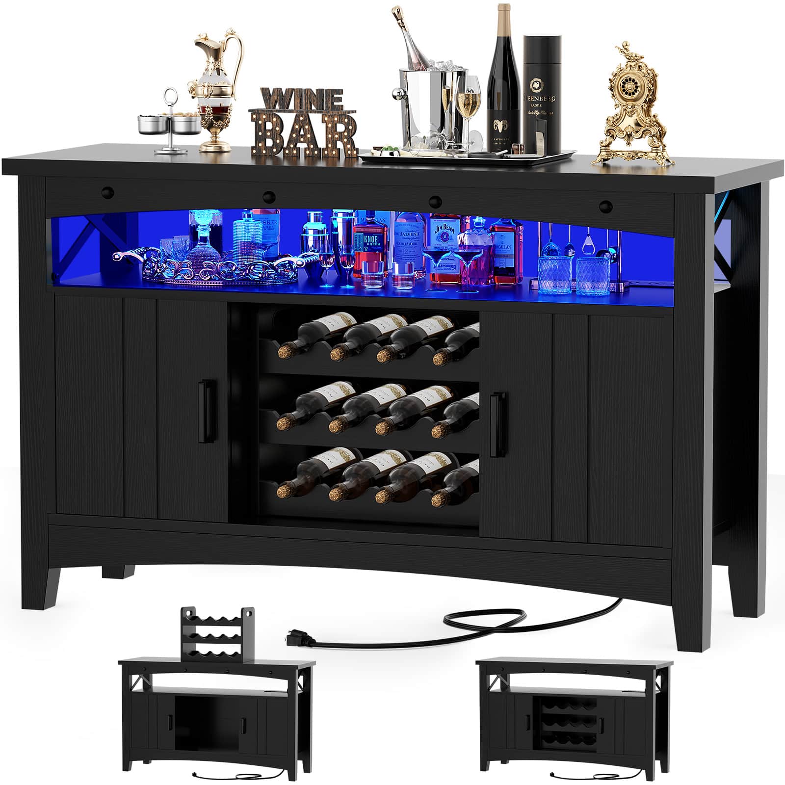 Aheaplus - Wine Cabinet with Charging Station and LED Lights, Liquor Cabinet with Movable Wooden Wine Rack - Black