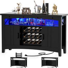 Aheaplus - Wine Cabinet with Charging Station and LED Lights, Liquor Cabinet with Movable Wooden Wine Rack - Black