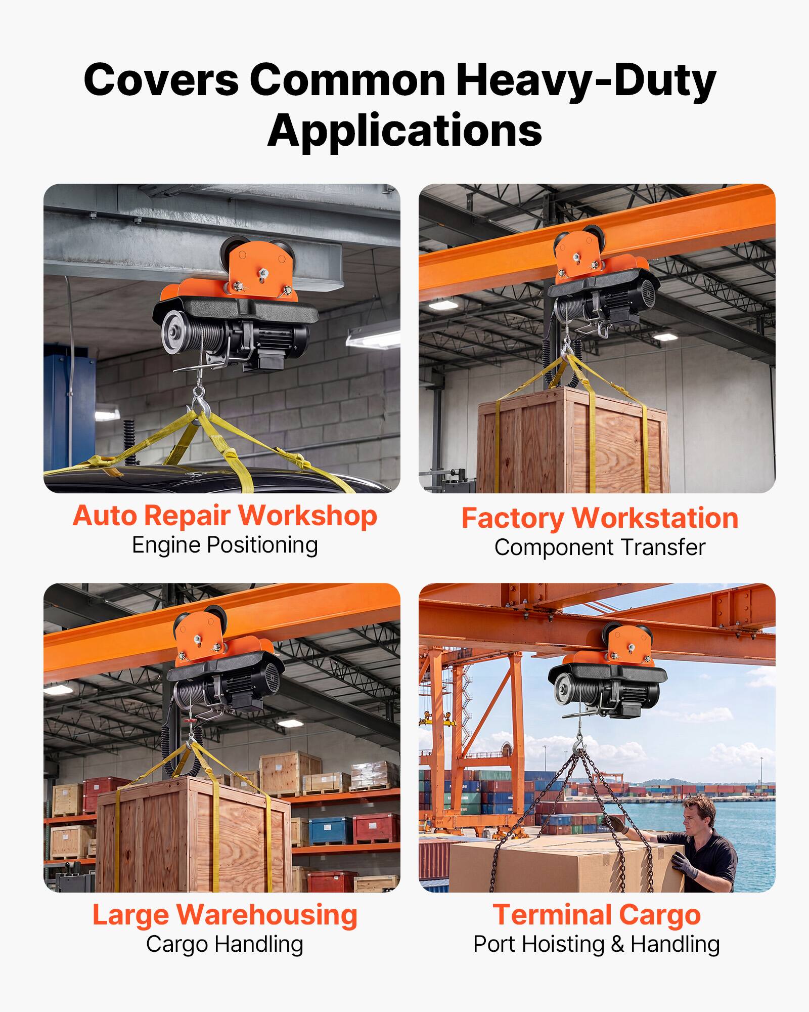 Covers Common Heavy-Duty Applications

Auto Repair Workshop
Engine Positioning

Factory Workstation
Component Transfer

Large Warehousing
Cargo Handling

Terminal Cargo
Port Hoisting & Handling