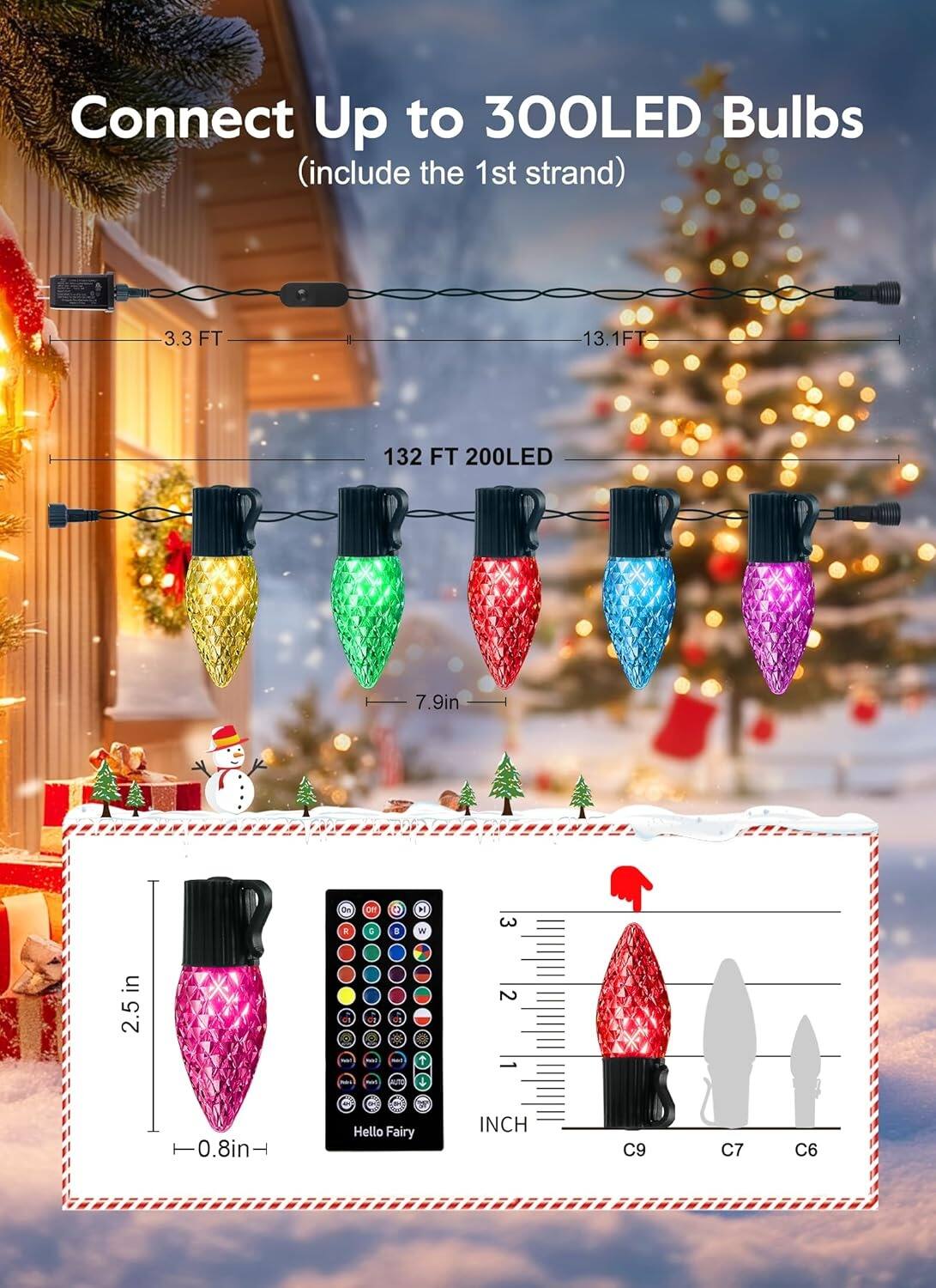 Connect Up to 300 LED Bulbs (include the 1st strand)

- 3.3 FT
- 13.1 FT
- 132 FT 200LED

- 7.9 in
- 2.5 in
- 0.8 in

Hello Fairy

INCH

C9 C7 C6