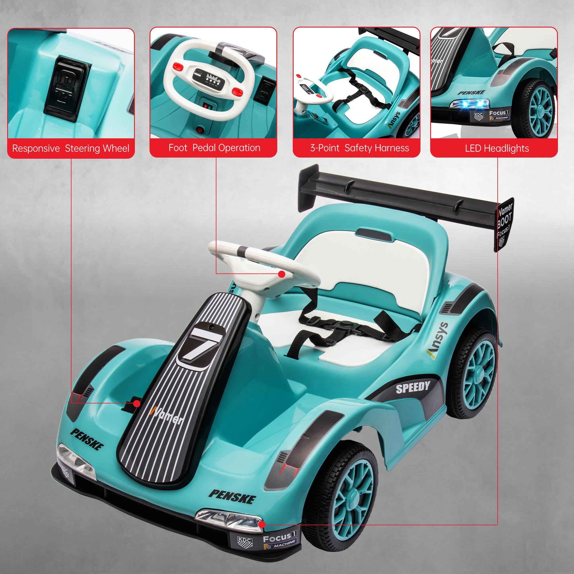 - Responsive Steering Wheel
- Foot Pedal Operation
- 3-Point Safety Harness
- LED Headlights

Penske
Ansys
Speedy
Vomer Boot
Focus
F1