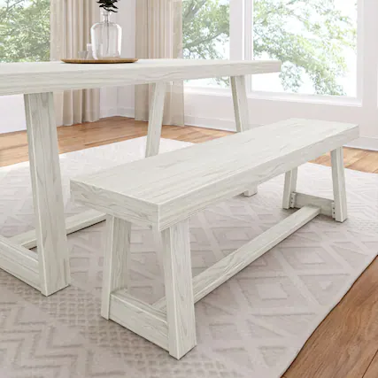 Front. Plank+Beam - Classic Dining Room Bench (60in / 1520mm), White Sand Wirebrush - White Sand Wirebrush.