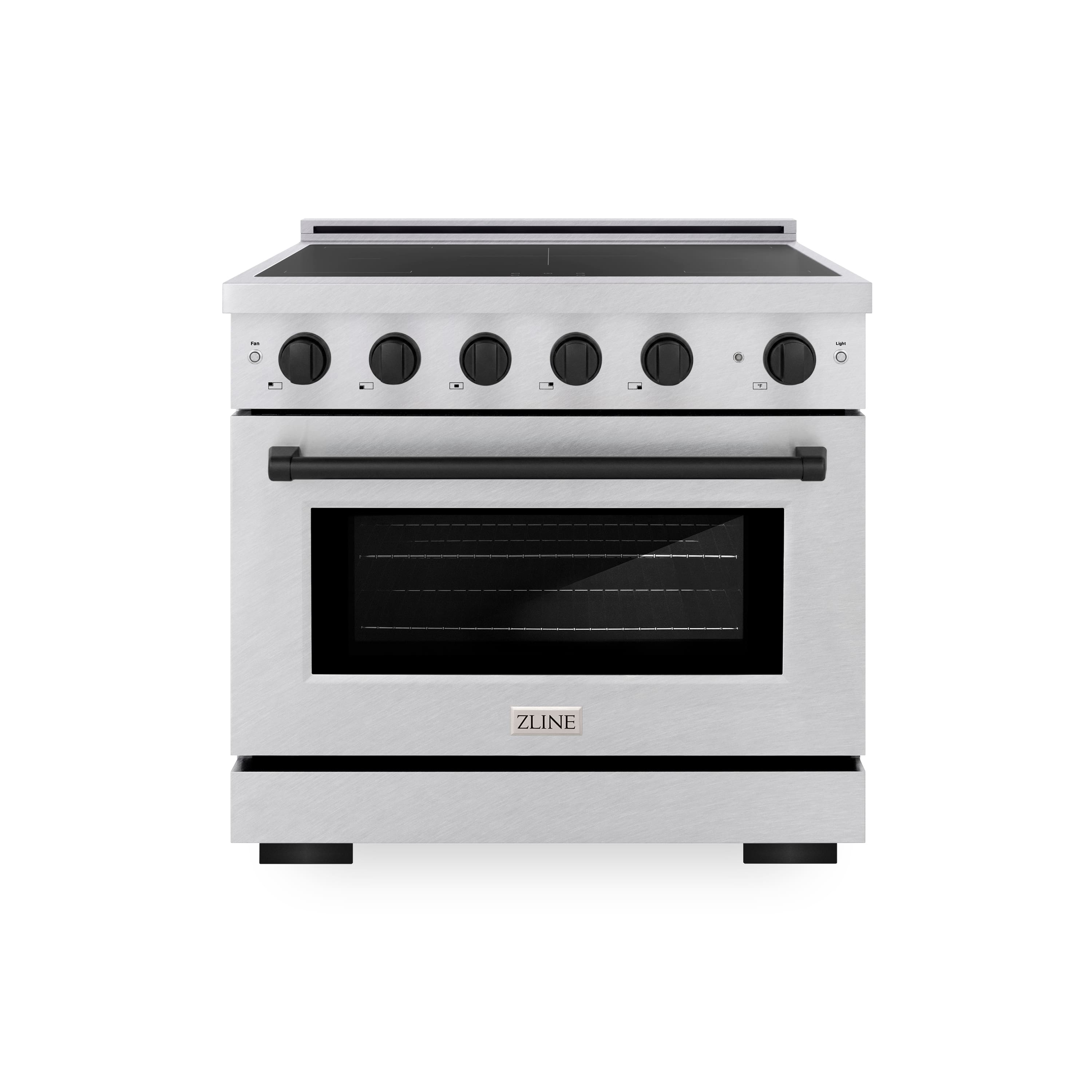 Front. ZLINE - 36 in. Wide 5 Elements Autograph 5.2 cu. ft. Paramount Freestanding Induction Range in Satin Steel with Black Accents - Satin Stainless Steel.