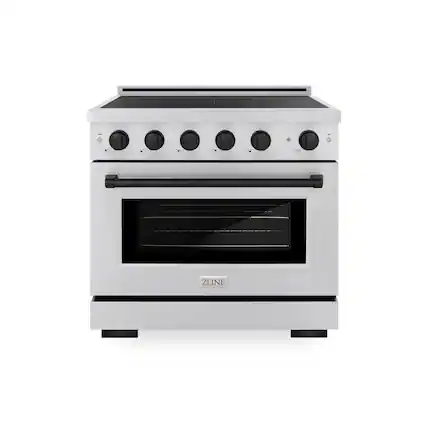 Front. ZLINE - Autograph 36 in. 5.2 cu. ft. Paramount Freestanding Induction Range with 5 Burners in Satin Steel with Black Accents - Satin Stainless Steel.