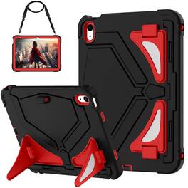 UUCOVER - Kids Case for iPad (A16) 11-inch 2025 / iPad 10th Gen 10.9" 2022 Shockproof TPU+PC Stand Cover with Shoulder Strap - Black/Red
