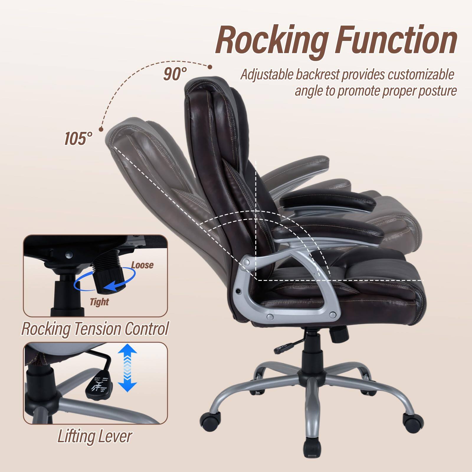 Rocking Function  
Adjustable backrest provides customizable angle to promote proper posture  

90°  
105°  

Loose Tight  
Rocking Tension Control  

Lifting Lever