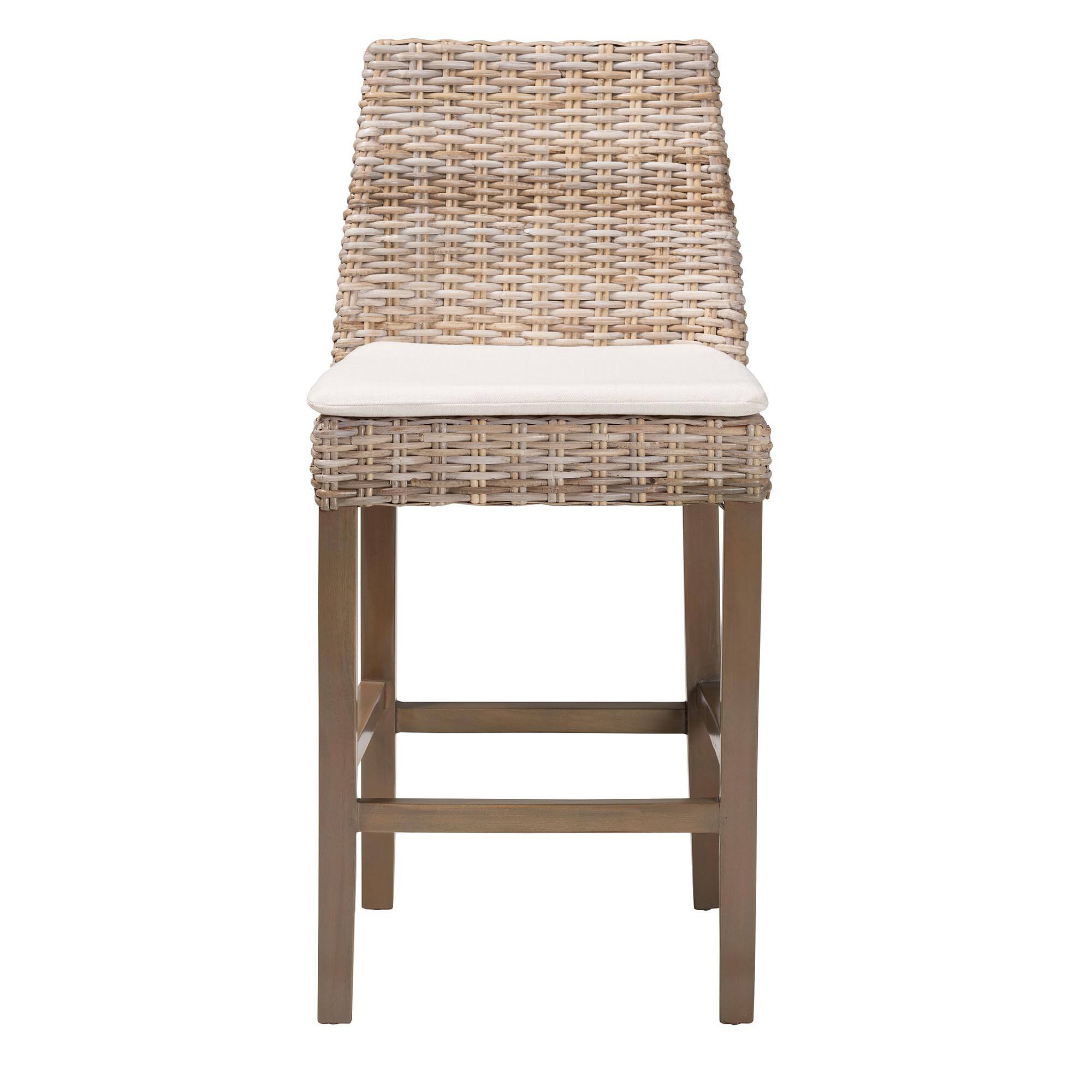 Angle. bali & pari - Toby Modern Bohemian Kubu Rattan and Rustic Taupe Finished Mahogany Wood Counter Stool - Kubu Grey/Rustic Taupe.