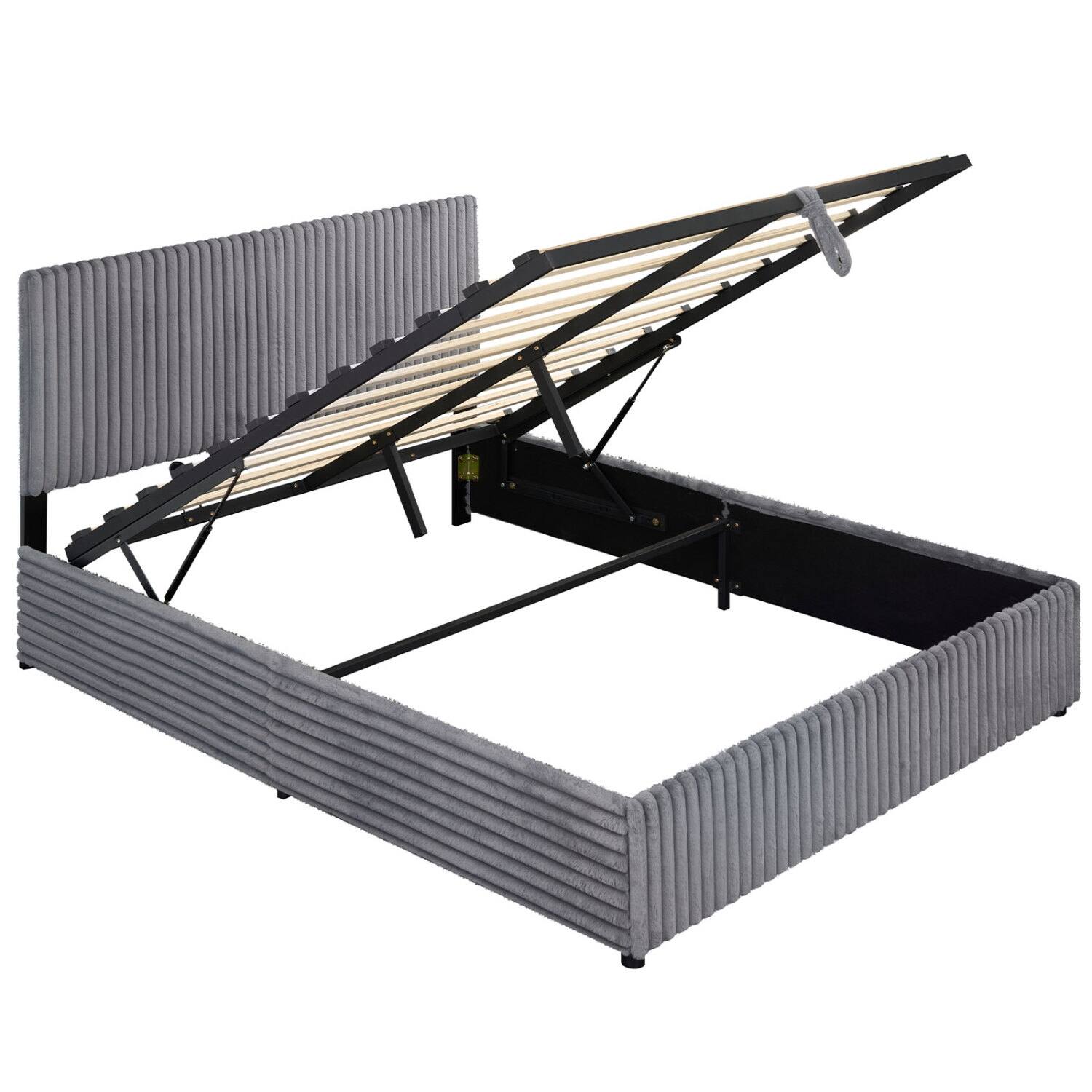 Alt View 6. LUCKY ONE - Queen Assembled Lift-up Storage Bed with Corduroy Upholstered Headboard Wooden Slats 600 lbs - Gray.