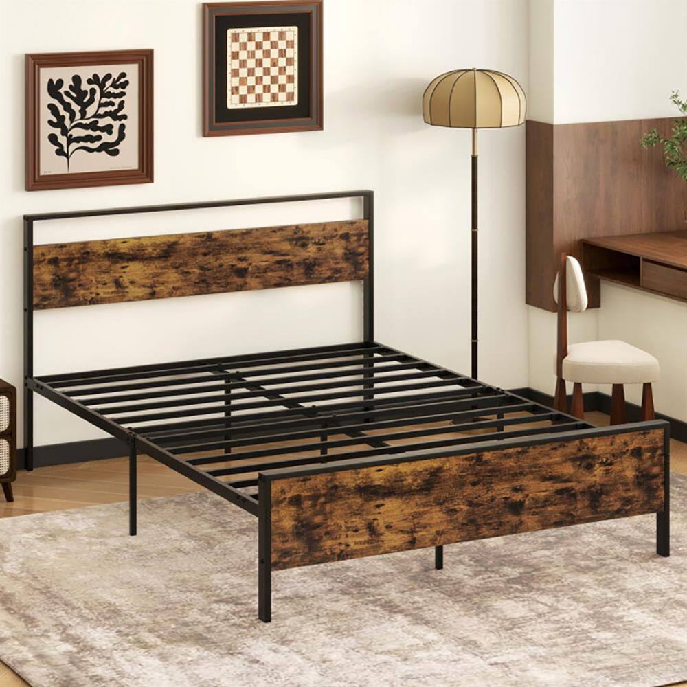 Alt View 6. Kadyn - Platform Bed Frame, Bedroom Bed Frame,Queen Metal Bed Frame Industrial Platform Bed with Wooden Headboard-Queen Size - Brown.
