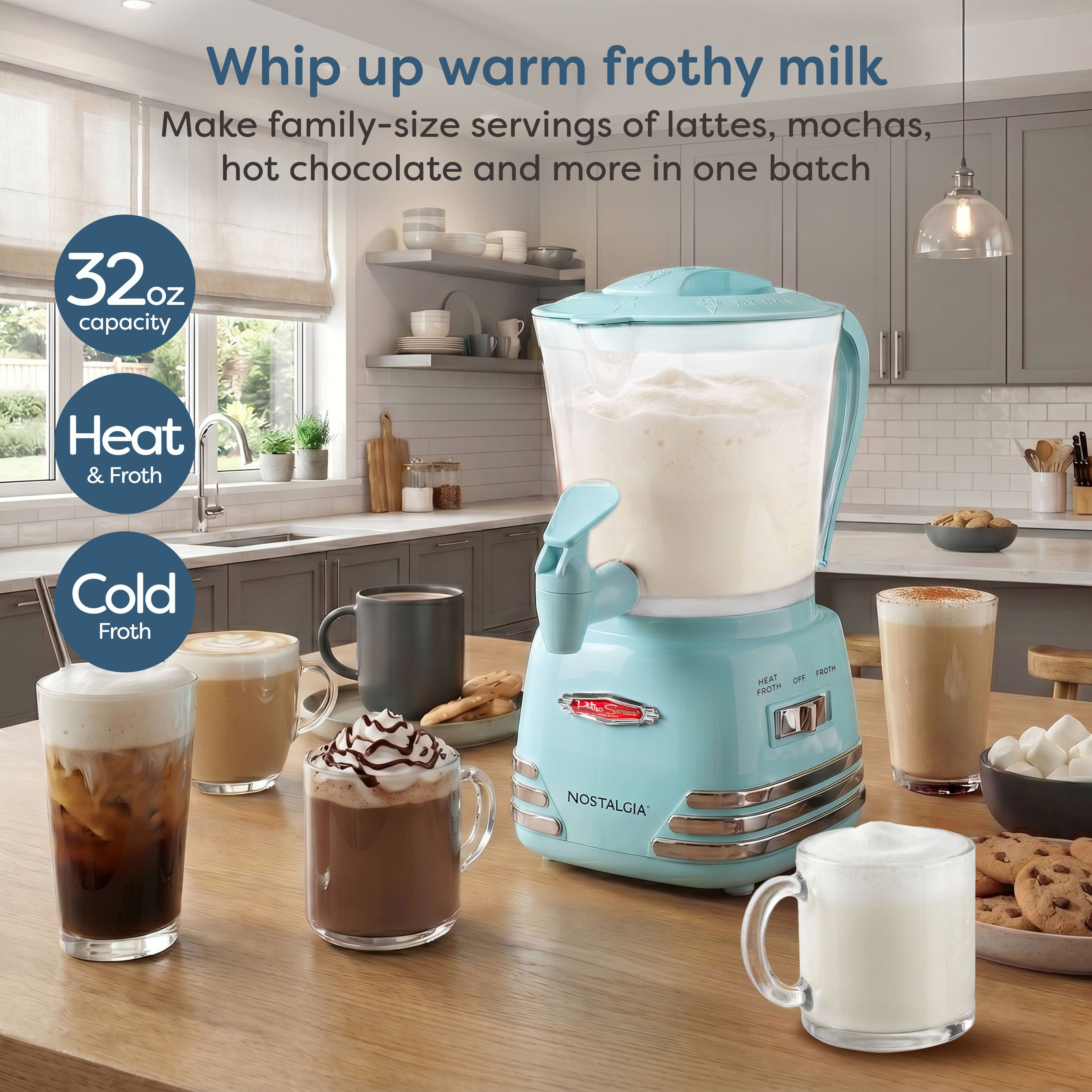 Whip up warm frothy milk  
Make family-size servings of lattes, mochas, hot chocolate and more in one batch

32 oz capacity  
Heat & Froth  
Cold Froth

Litto Sinis  
OFF FROTH FROTH HEAT  
NOSTALGIA