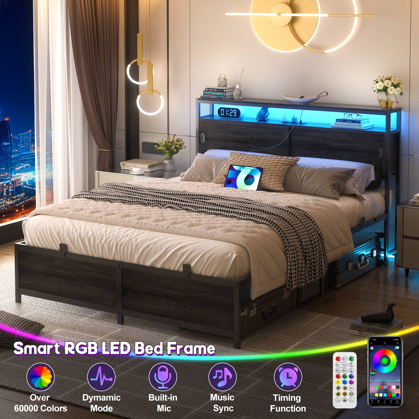 Smart RGB LED Bed Frame

- Over 60000 Colors
- Dynamic Mode
- Built-in Mic
- Music Sync
- Timing Function