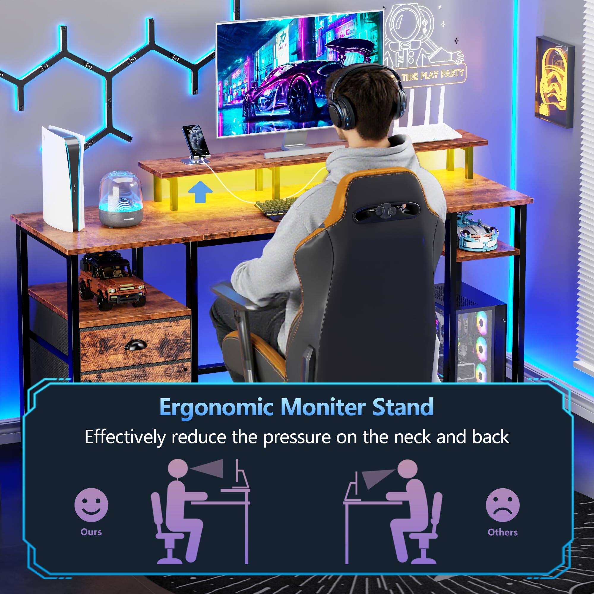 **Ergonomic Monitor Stand**

Effectively reduce the pressure on the neck and back

- Ours
- Others