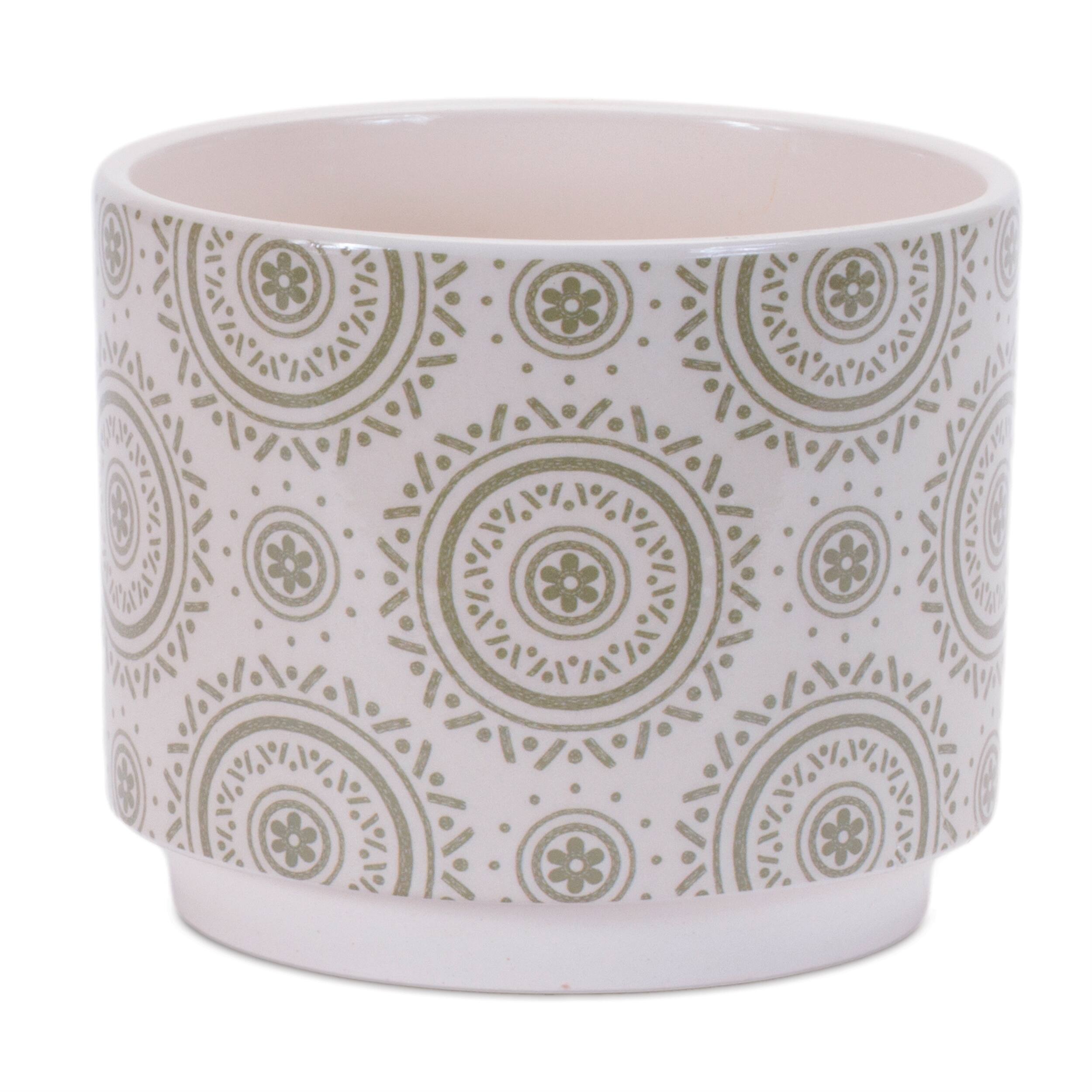 Back. BreeBe - Stone Floral Patterned Planter (Set of 3) - Beige, Green.